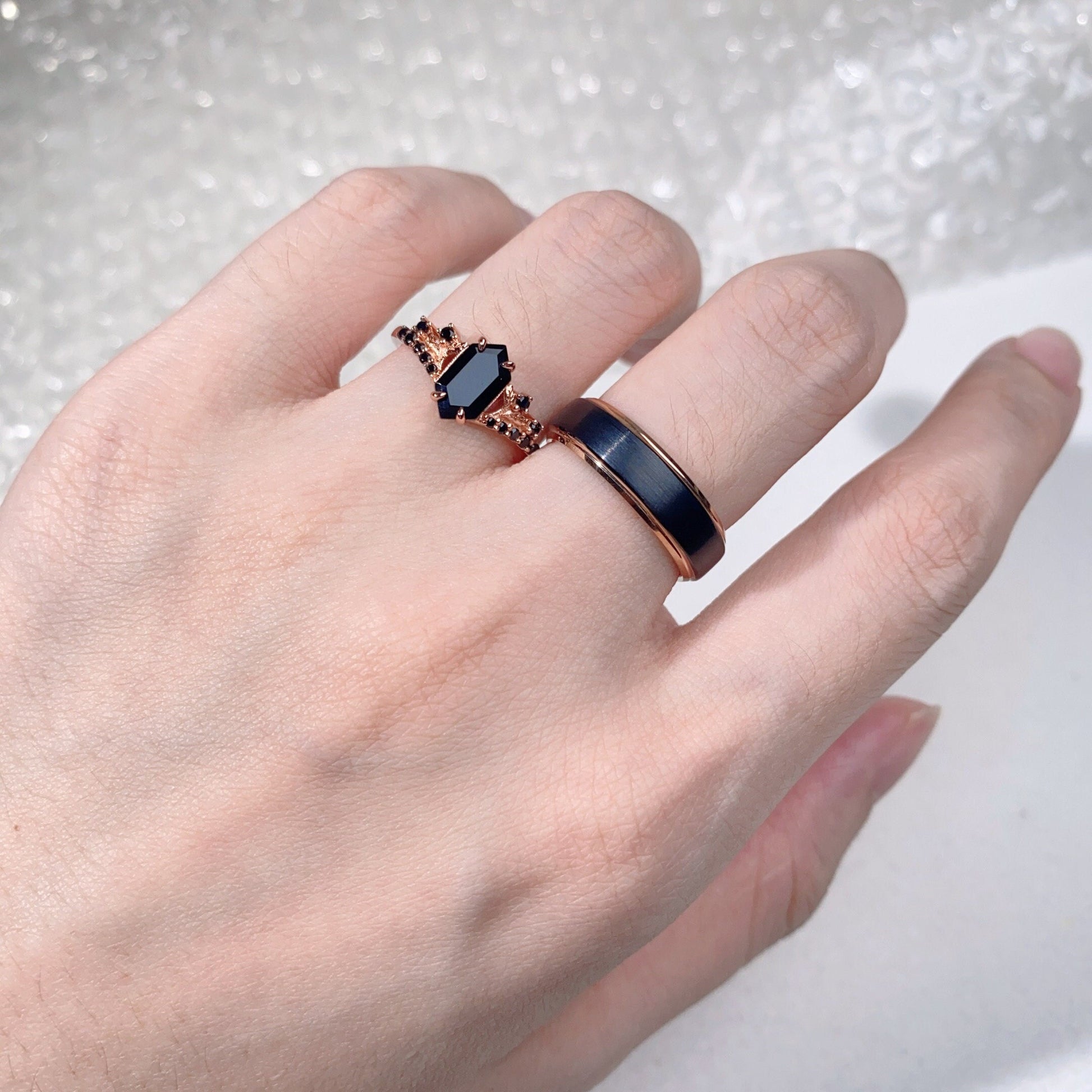 Vintage Hexagon Black Onyx Couples Ring Rose Gold Wedding Ring Set His And Hers Wedding Band Mens Black Gold Ring Unique Women Promise Ring