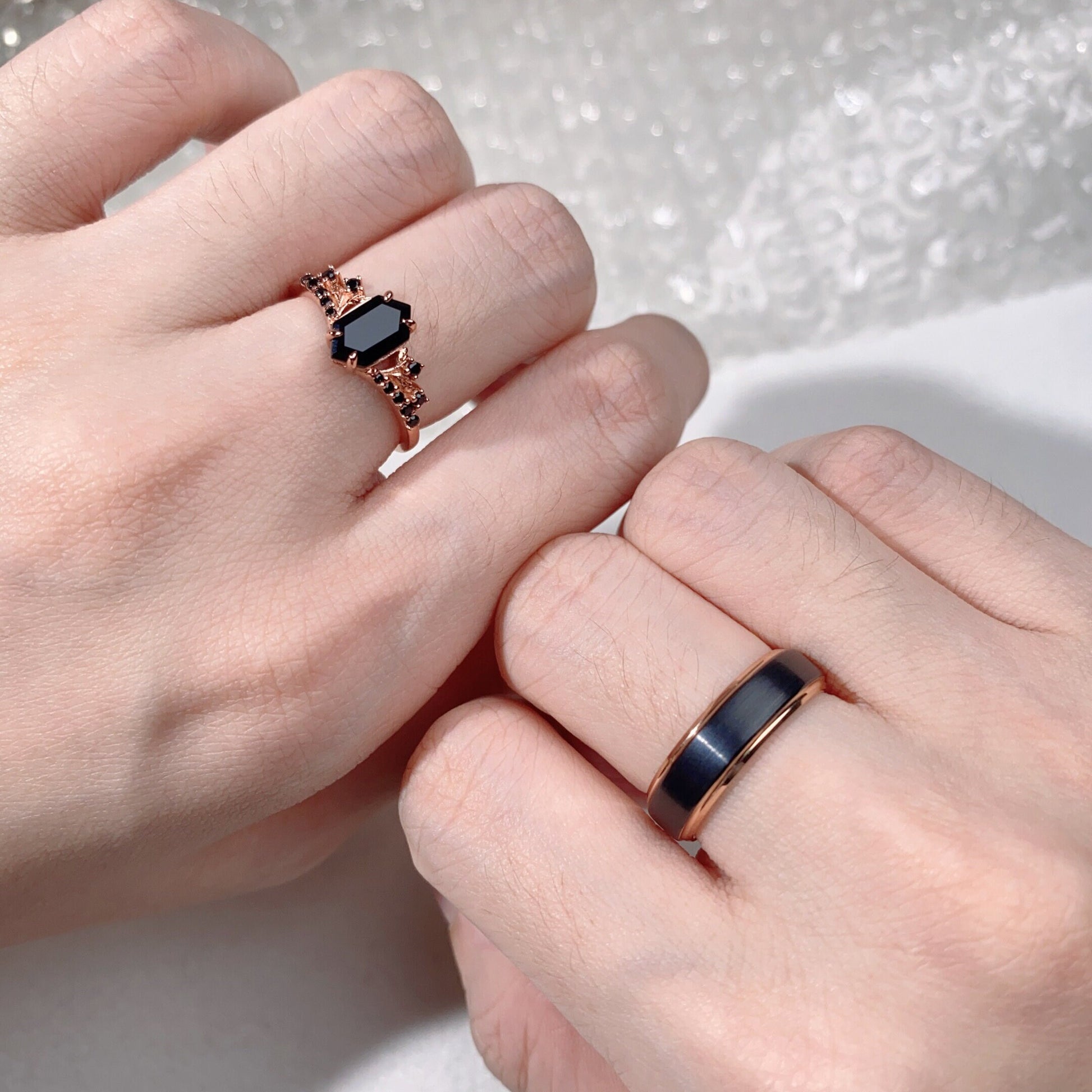 Vintage Hexagon Black Onyx Couples Ring Rose Gold Wedding Ring Set His And Hers Wedding Band Mens Black Gold Ring Unique Women Promise Ring