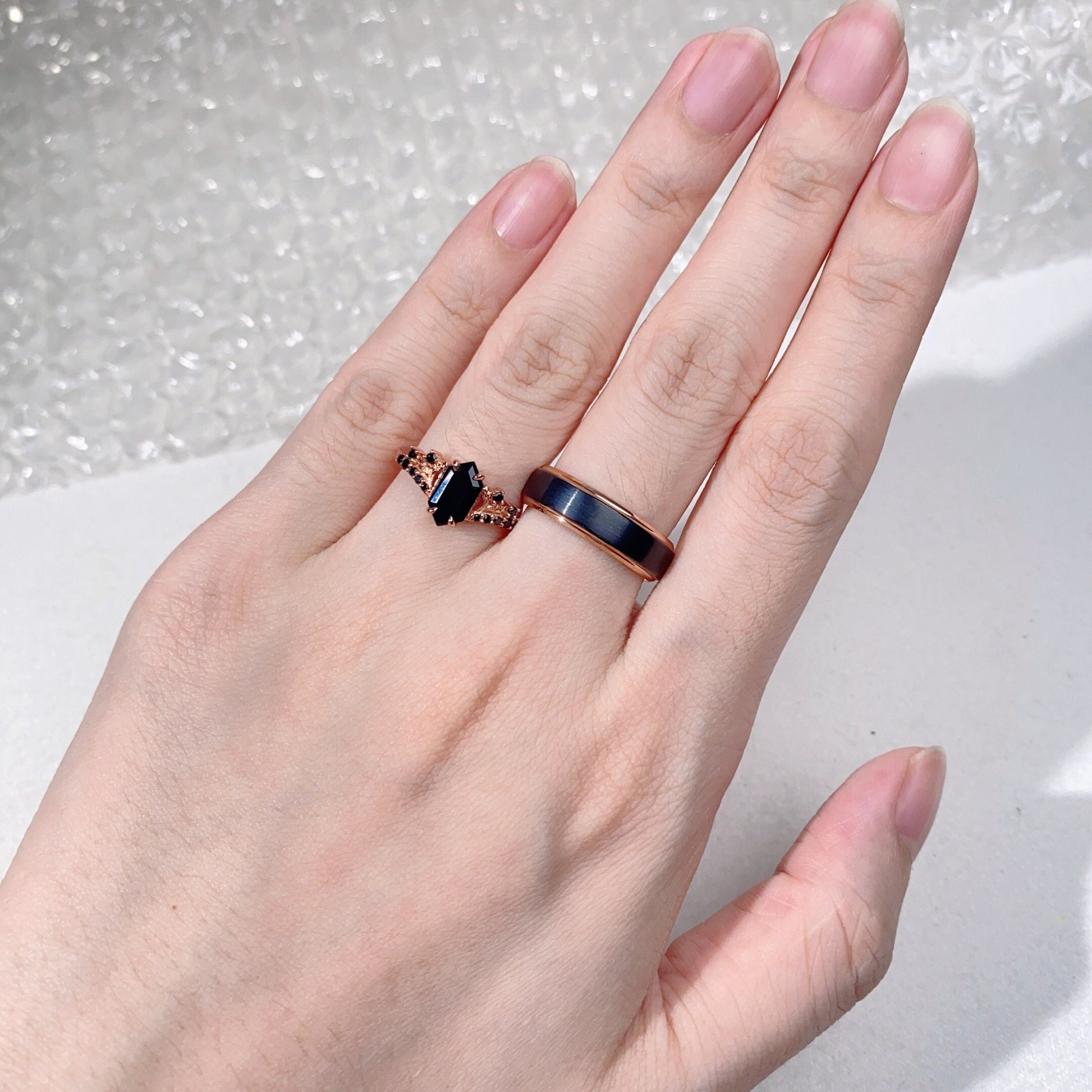 Vintage Hexagon Black Onyx Couples Ring Rose Gold Wedding Ring Set His And Hers Wedding Band Mens Black Gold Ring Unique Women Promise Ring