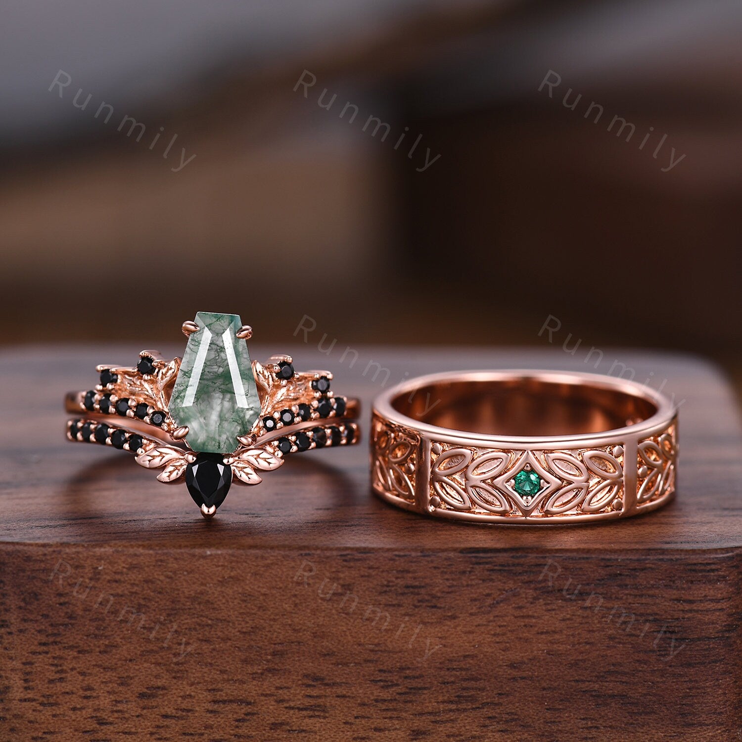 Coffin Cut Natural Moss Agate Couples Ring Rose Gold Moss Agate and Emerald Wedding Ring Set Vintage Unique Vine Leaf Matching Promise Ring
