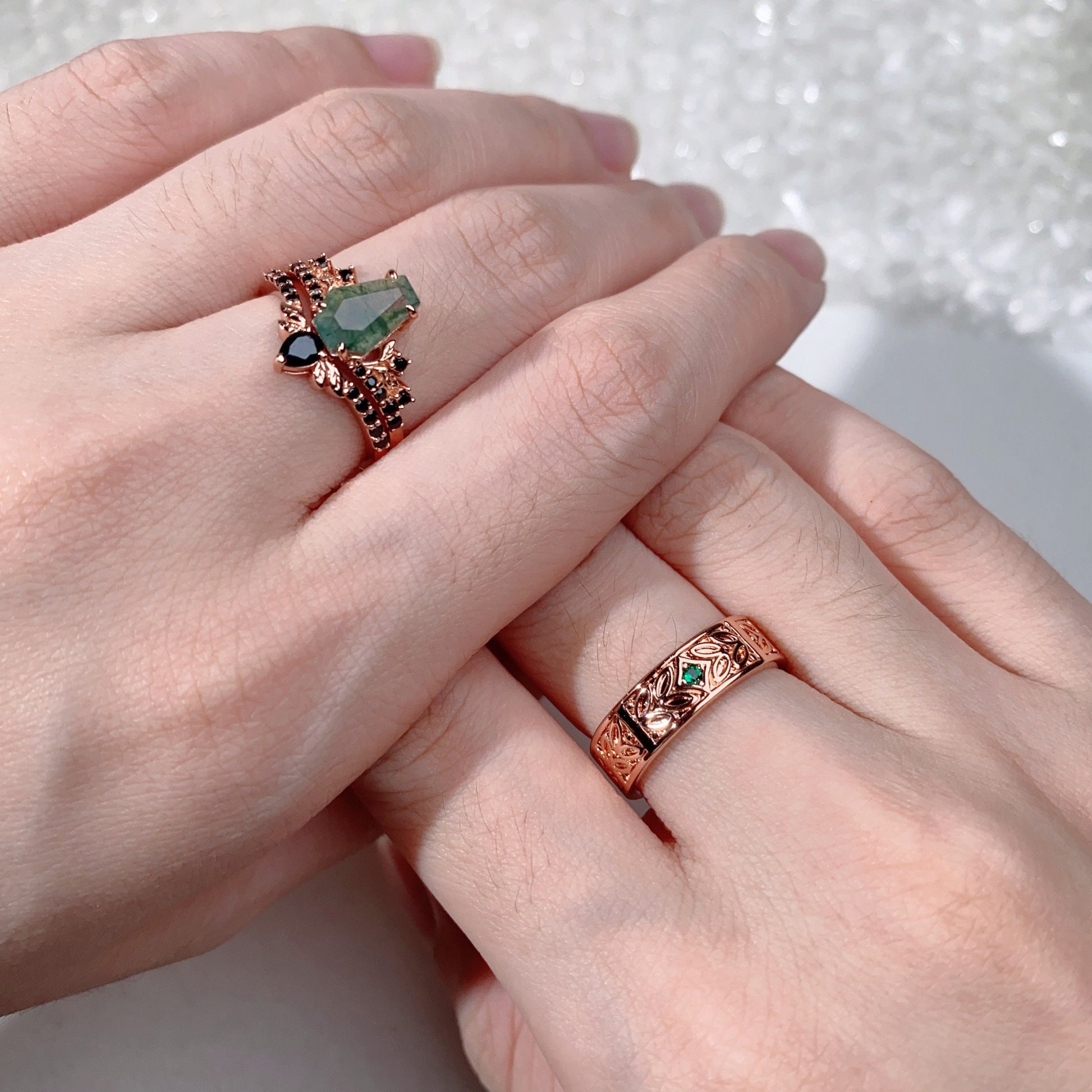 Coffin Cut Natural Moss Agate Couples Ring Rose Gold Moss Agate and Emerald Wedding Ring Set Vintage Unique Vine Leaf Matching Promise Ring