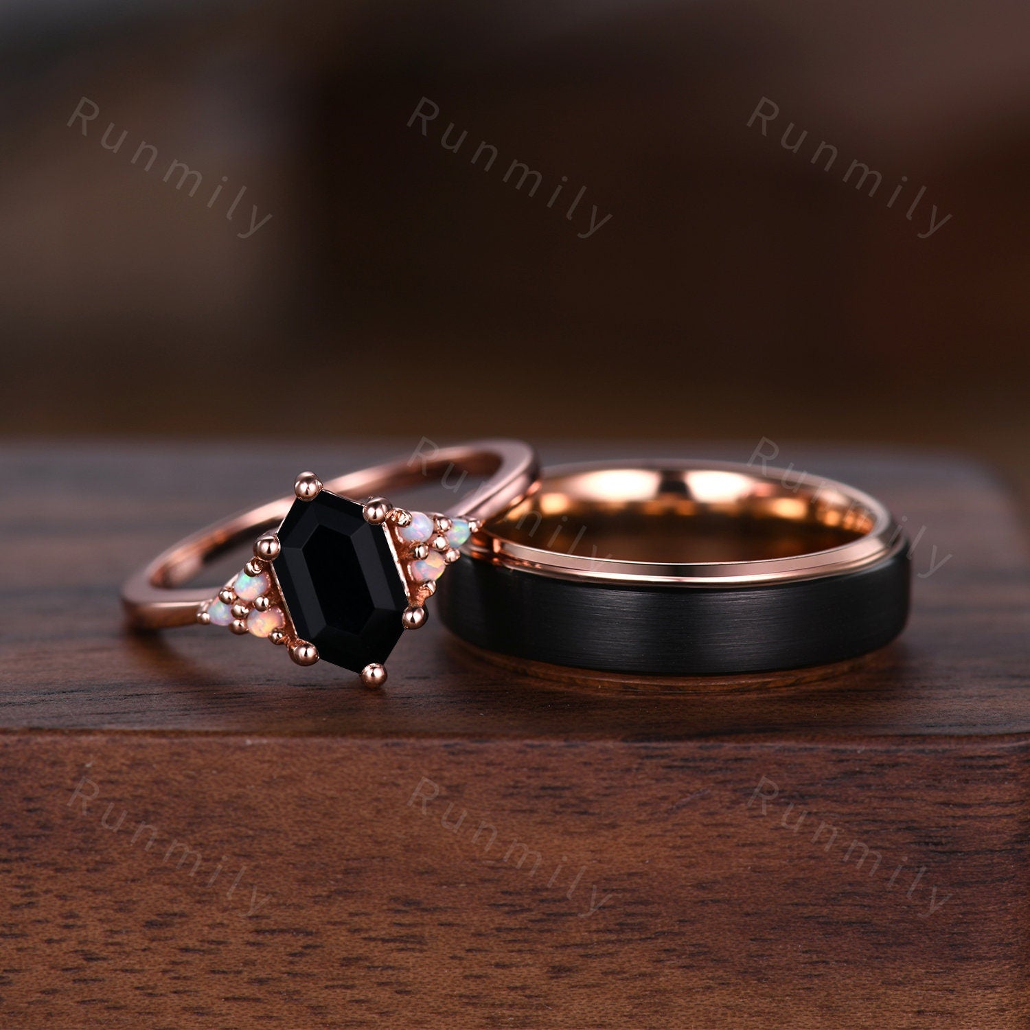 Vintage Hexagon Black Onyx Couples Ring Rose Gold Wedding Ring Set His and Hers Wedding Band Mens Black Gold Ring Unique Opal Cluster Ring