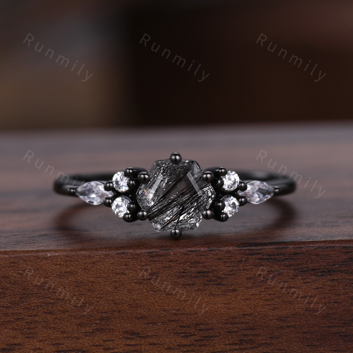 Unique Black Rutilated Quartz Couples Ring Black Gold Matching Ring Set His and Hers Wedding Band Mens Meteorite Ring Anniversary Ring Set