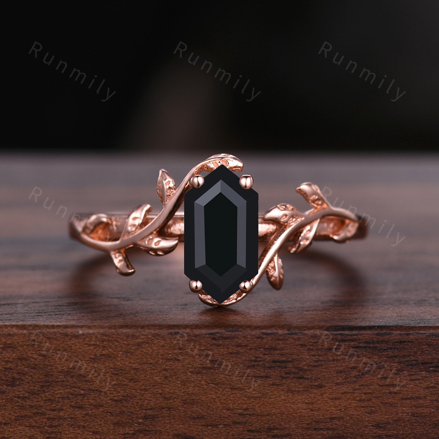 Vine Leaf Black Onyx Couples Ring Rose Gold Matching Ring Set His and Hers Wedding Band Promise Ring For Men For Women Black Gemstone Ring