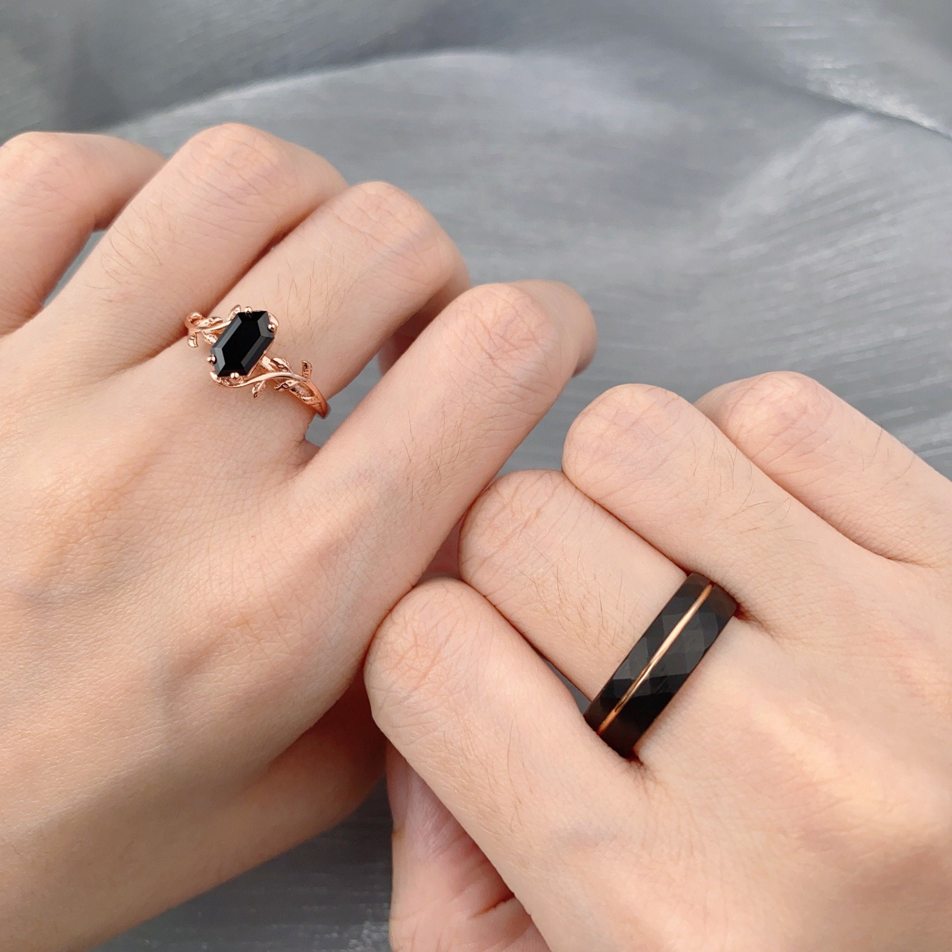 Vine Leaf Black Onyx Couples Ring Rose Gold Matching Ring Set His and Hers Wedding Band Promise Ring For Men For Women Black Gemstone Ring