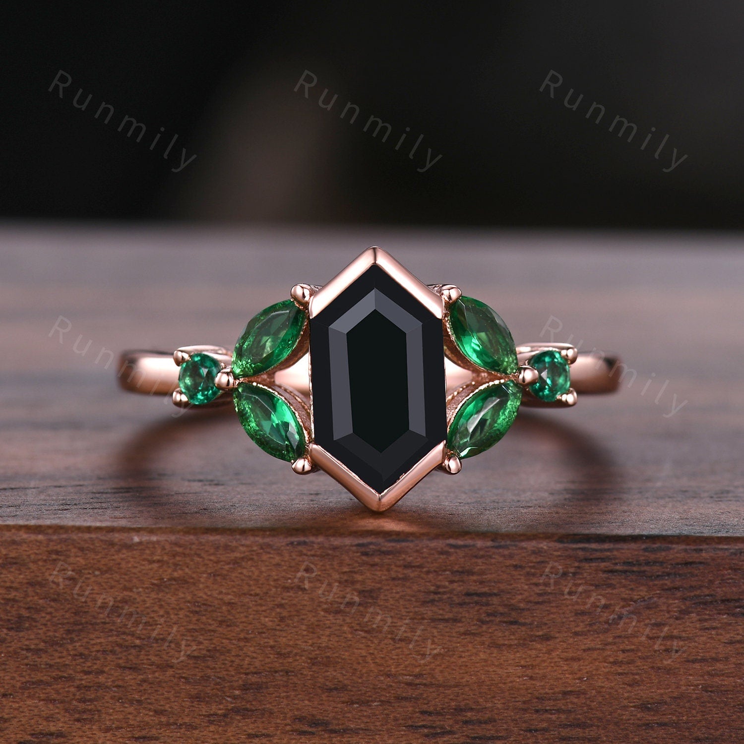 Vintage Black Onyx & Emerald Couples Ring Set Rose Gold Matching Wedding Ring His And Hers Wedding Band Mens Emerald Nature Inspired Ring