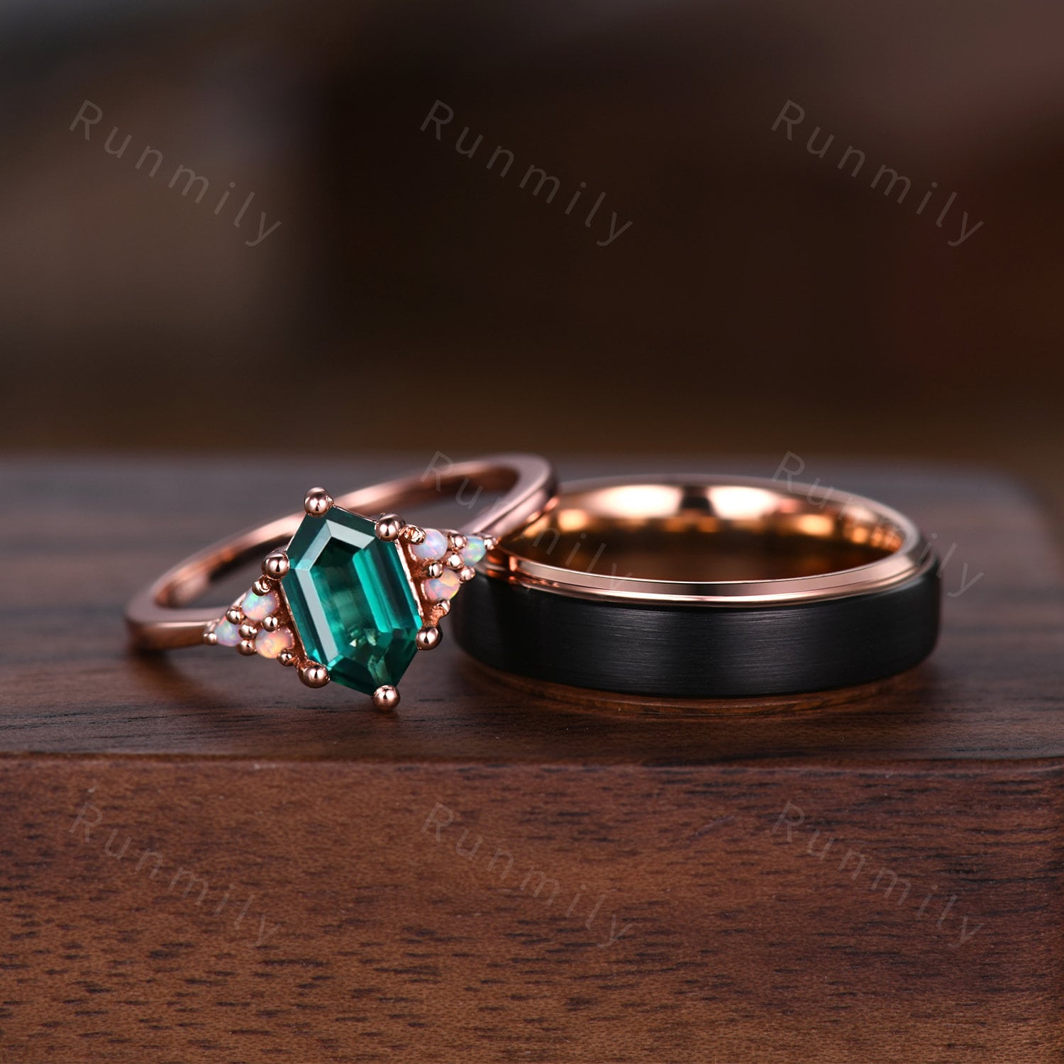 Vintage Hexagon Green Emerald Couples Ring Rose Gold Wedding Ring Set His And Hers Wedding Band Unique Opal Emerald Ring 6mm Mens Ring