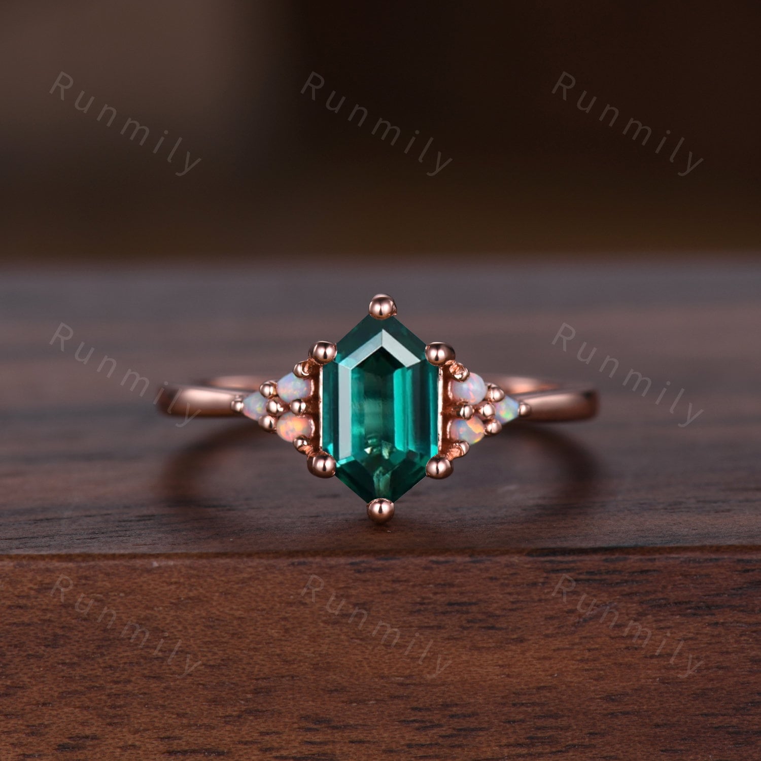 Vintage Hexagon Green Emerald Couples Ring Rose Gold Wedding Ring Set His And Hers Wedding Band Unique Opal Emerald Ring 6mm Mens Ring