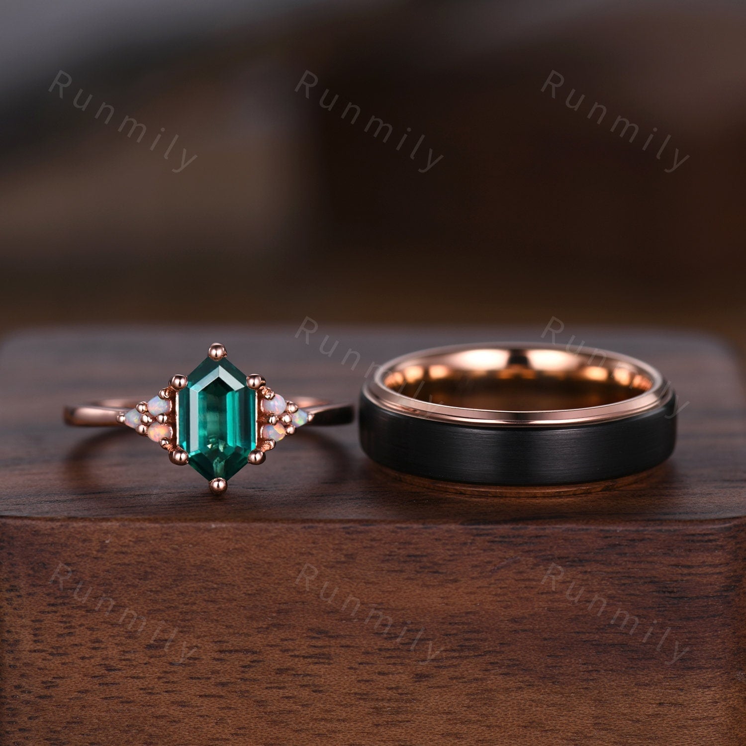 Vintage Hexagon Green Emerald Couples Ring Rose Gold Wedding Ring Set His And Hers Wedding Band Unique Opal Emerald Ring 6mm Mens Ring