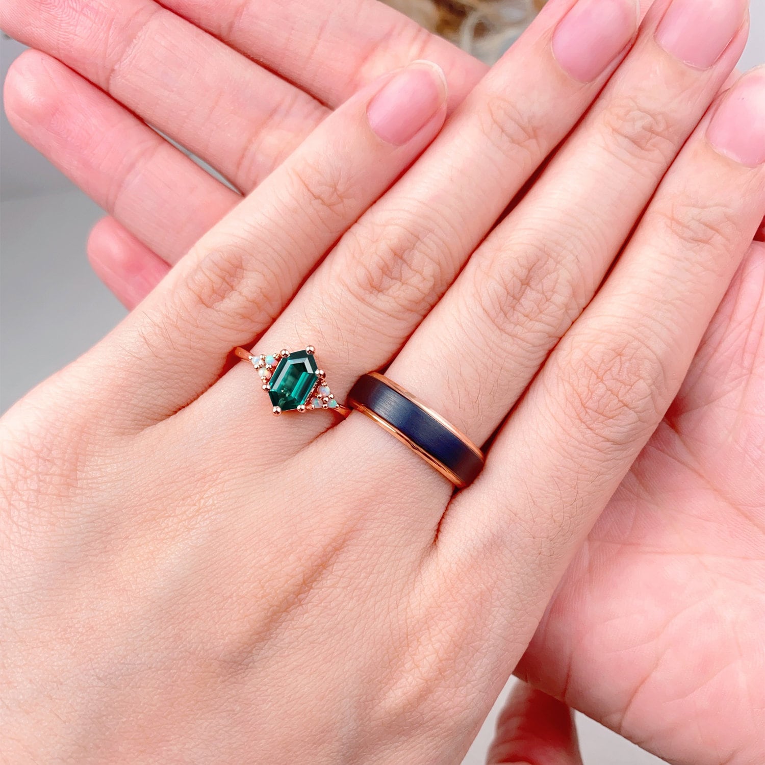 Vintage Hexagon Green Emerald Couples Ring Rose Gold Wedding Ring Set His And Hers Wedding Band Unique Opal Emerald Ring 6mm Mens Ring