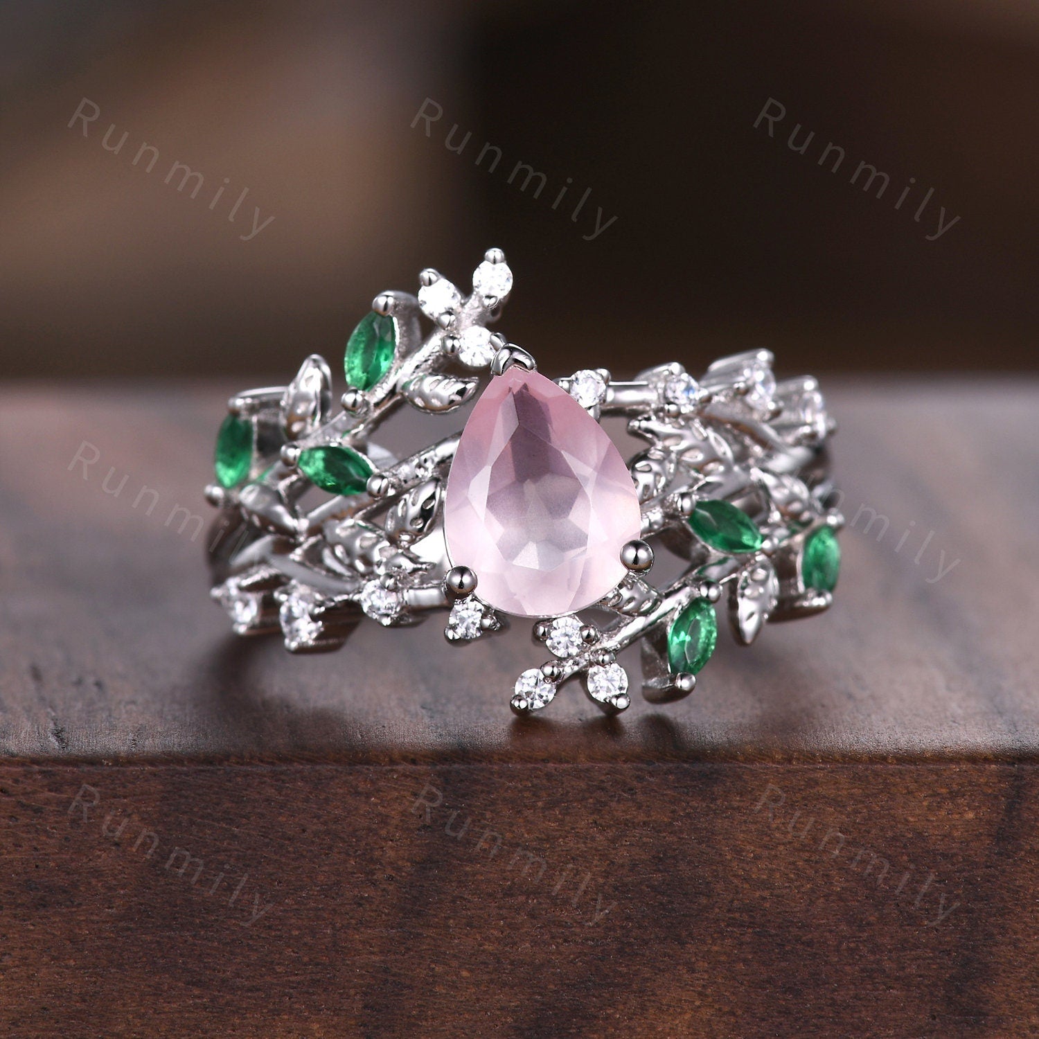 Vintage Floral Rose Quartz Couples Ring Set Sterling Silver His and Hers Wedding Band Mens Tungsten Ring Natural Inspired Leaf Ring