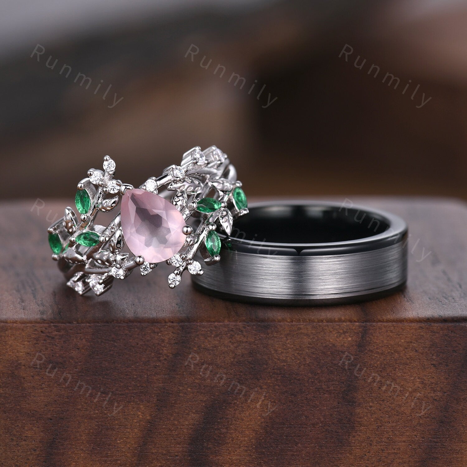 Vintage Floral Rose Quartz Couples Ring Set Sterling Silver His and Hers Wedding Band Mens Tungsten Ring Natural Inspired Leaf Ring