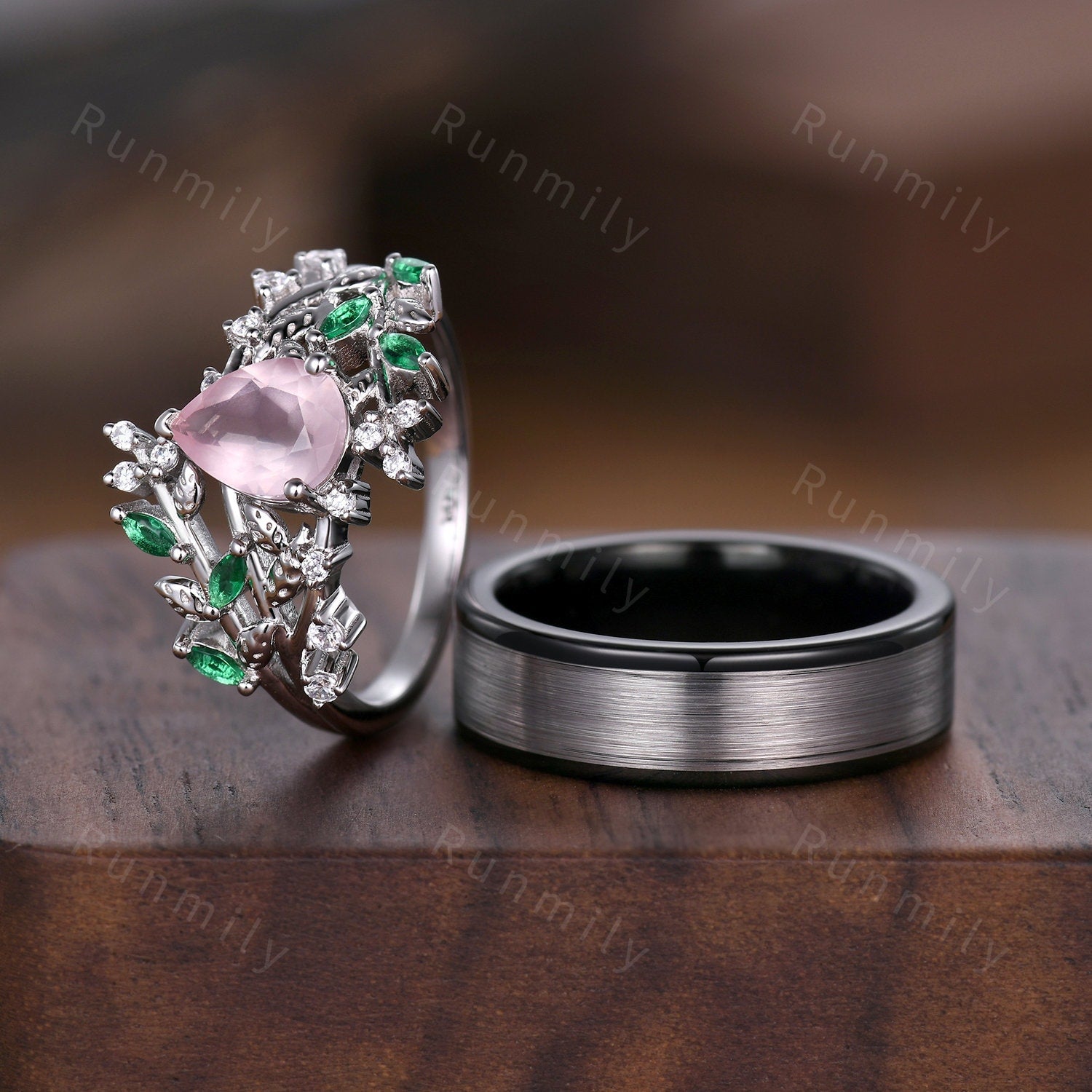 Vintage Floral Rose Quartz Couples Ring Set Sterling Silver His and Hers Wedding Band Mens Tungsten Ring Natural Inspired Leaf Ring