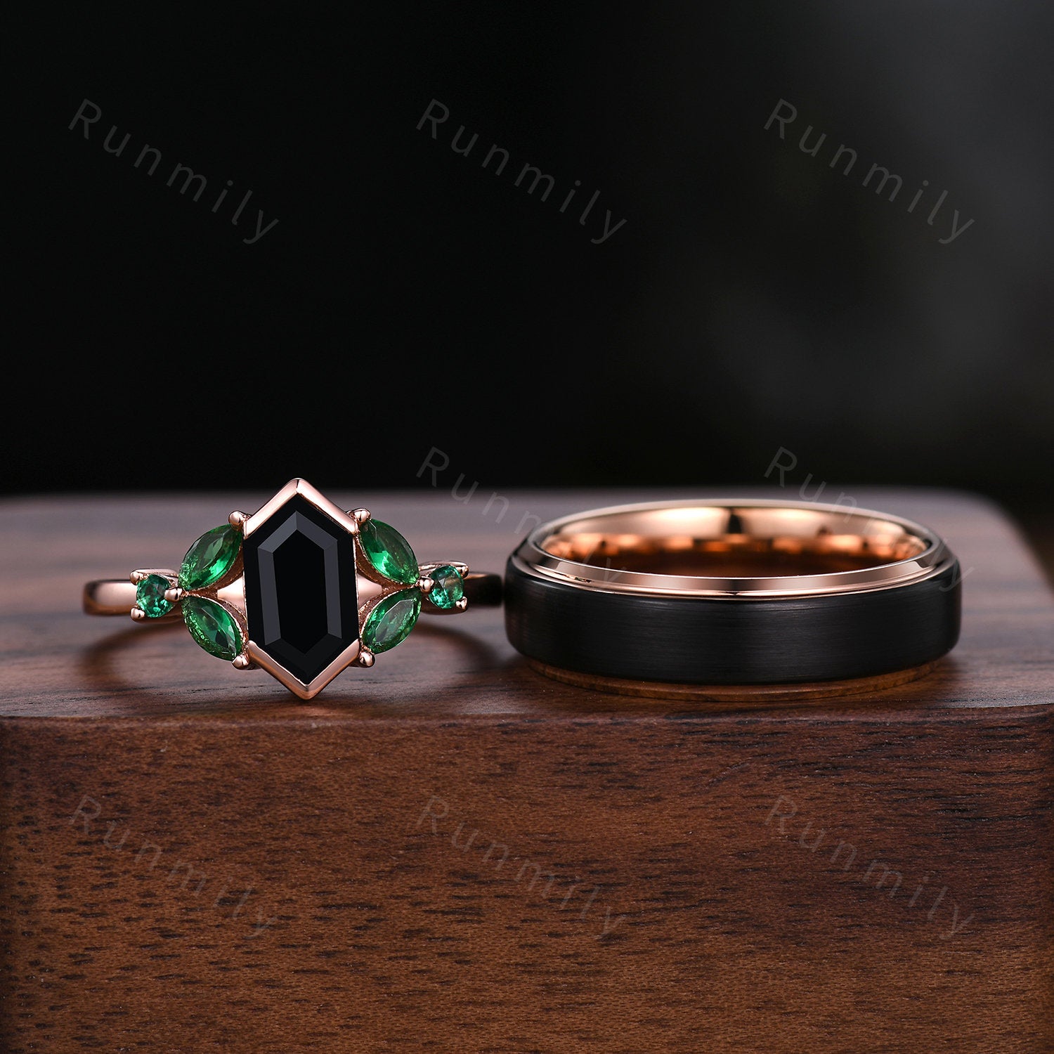 Vintage Black Onyx Couples Ring Rose Gold Wedding Ring Set His and Hers Wedding Band Mens Tungsten Ring Promise Ring For Men For Women