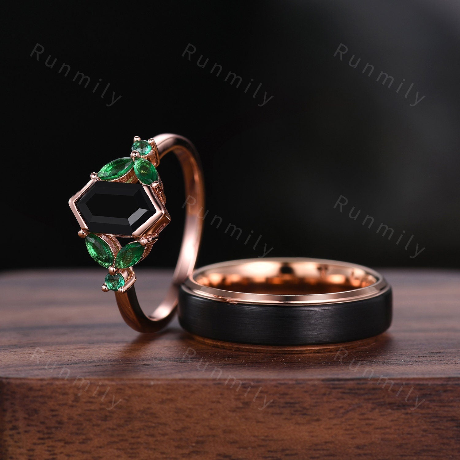 Vintage Black Onyx Couples Ring Rose Gold Wedding Ring Set His and Hers Wedding Band Mens Tungsten Ring Promise Ring For Men For Women