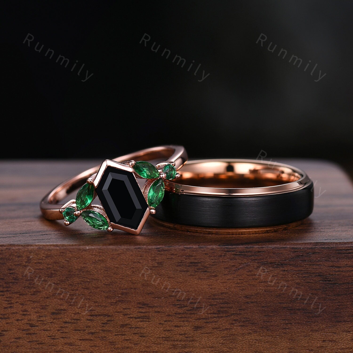 Vintage Black Onyx Couples Ring Rose Gold Wedding Ring Set His and Hers Wedding Band Mens Tungsten Ring Promise Ring For Men For Women