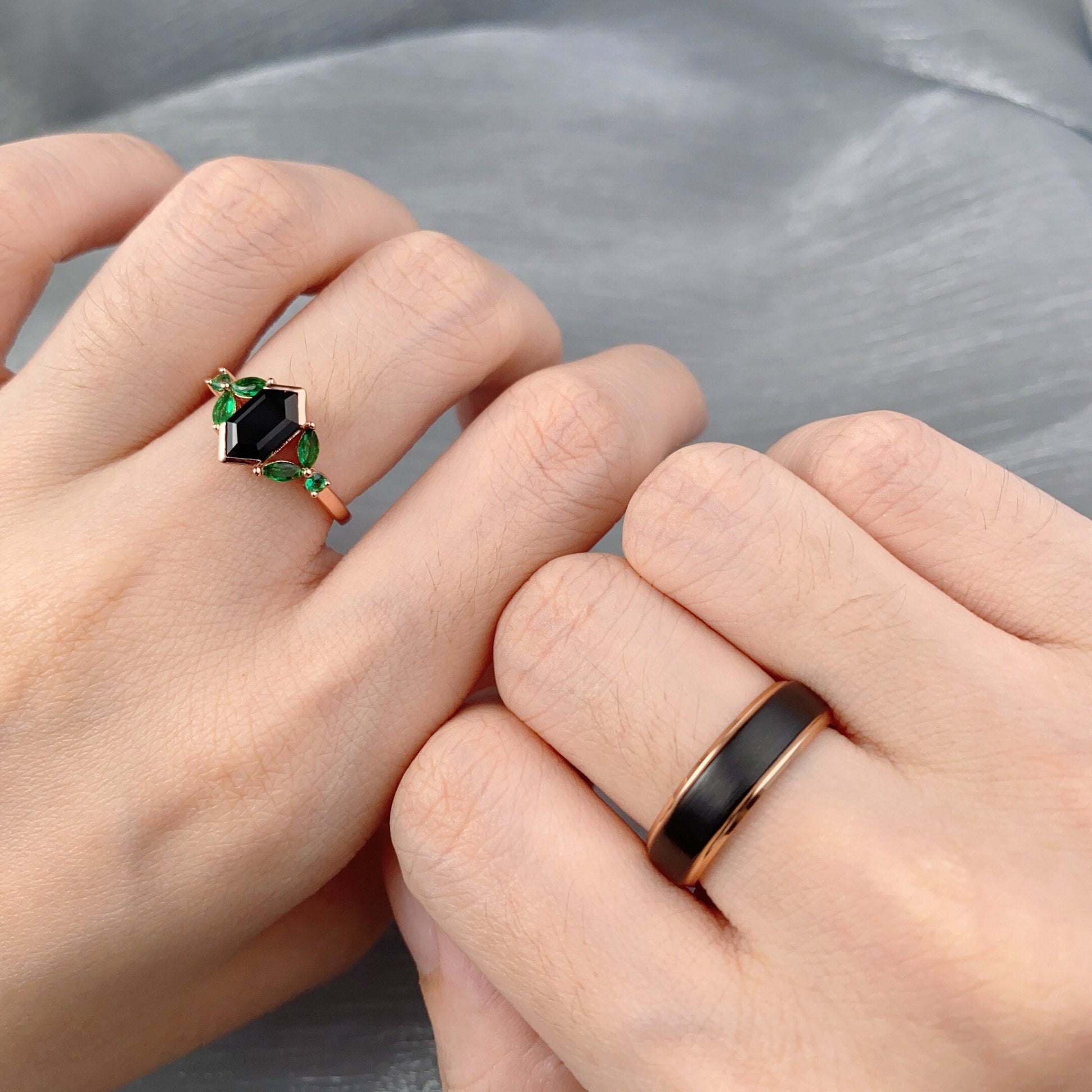 Vintage Black Onyx Couples Ring Rose Gold Wedding Ring Set His and Hers Wedding Band Mens Tungsten Ring Promise Ring For Men For Women