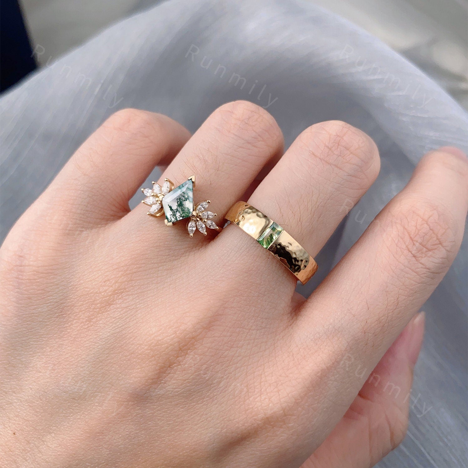 Natural Moss Agate Couples Ring Yellow Gold Matching Ring Set His and Hers Wedding Band Promise Ring For Men For Women Kite Cut Ring