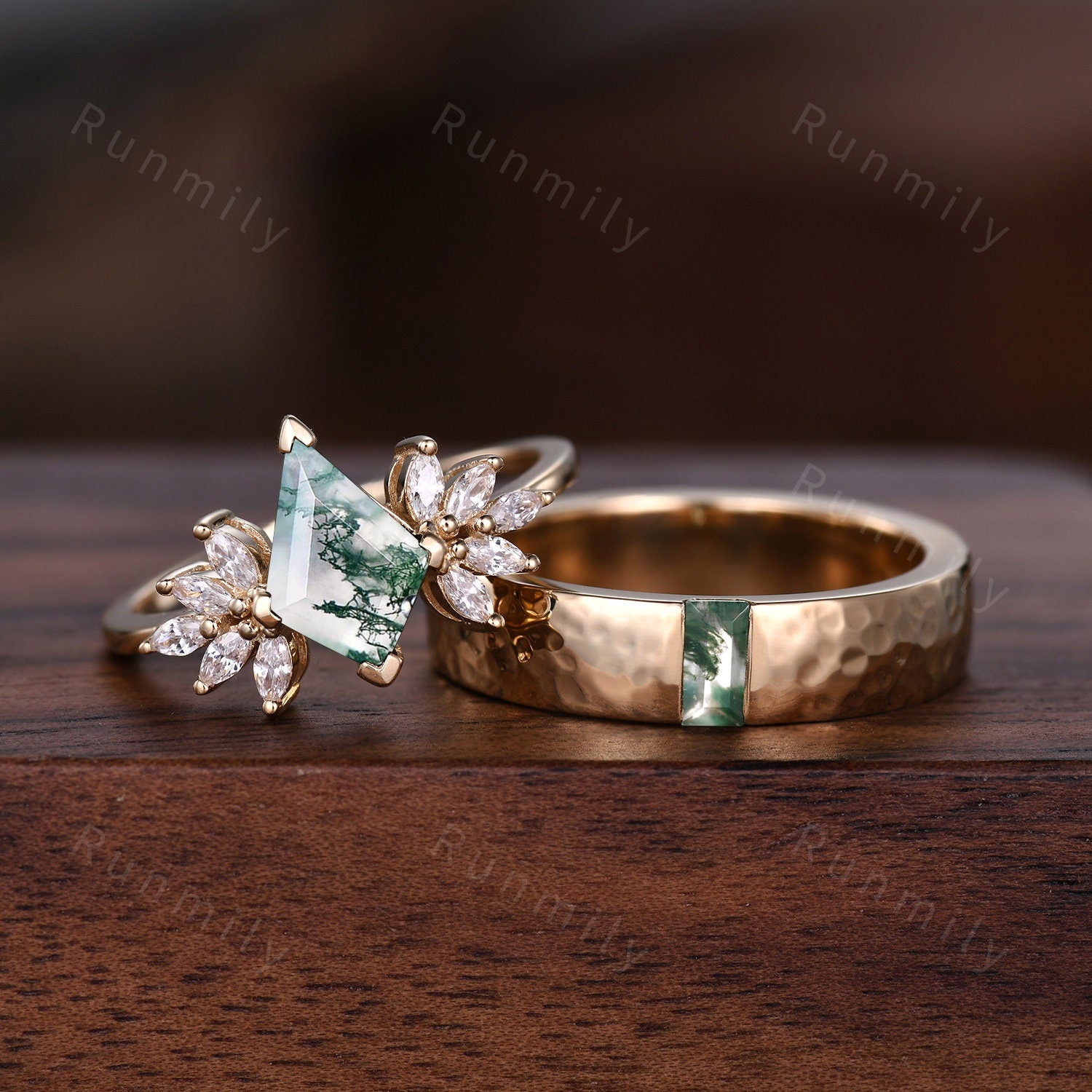 Natural Moss Agate Couples Ring Yellow Gold Matching Ring Set His and Hers Wedding Band Promise Ring For Men For Women Kite Cut Ring