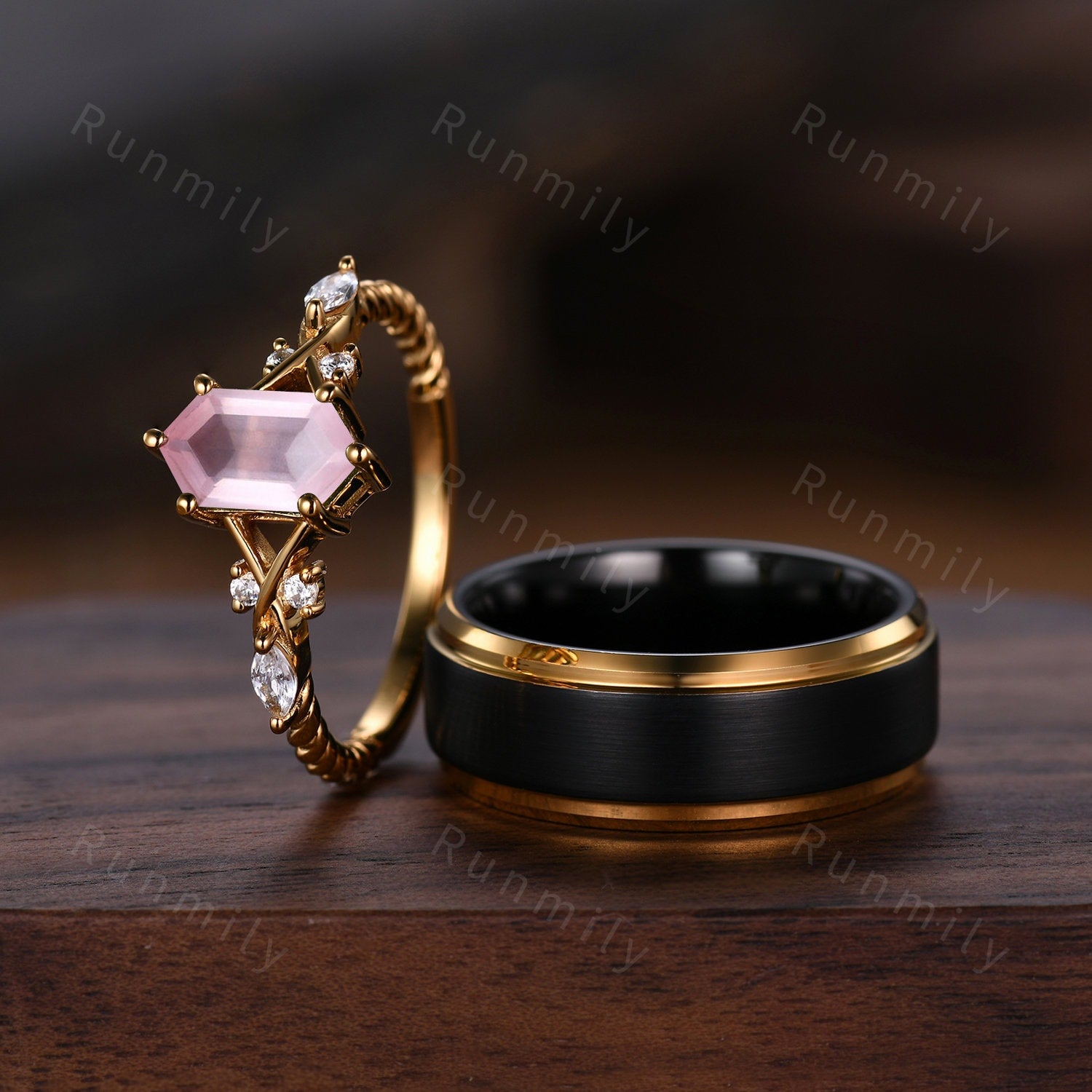 Vintage Rose Quartz Couples Ring Yellow Gold Matching Ring Set His and Hers Wedding Band Promise Ring For Men For Women Natural Pink Gem