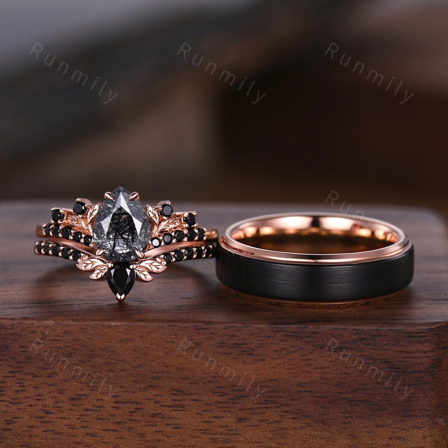 Vintage Black Rutilated Quartz Couples Ring Rose Gold Matching Ring Set His and Hers Wedding Band Promise Ring For Men For Women Natural Gem