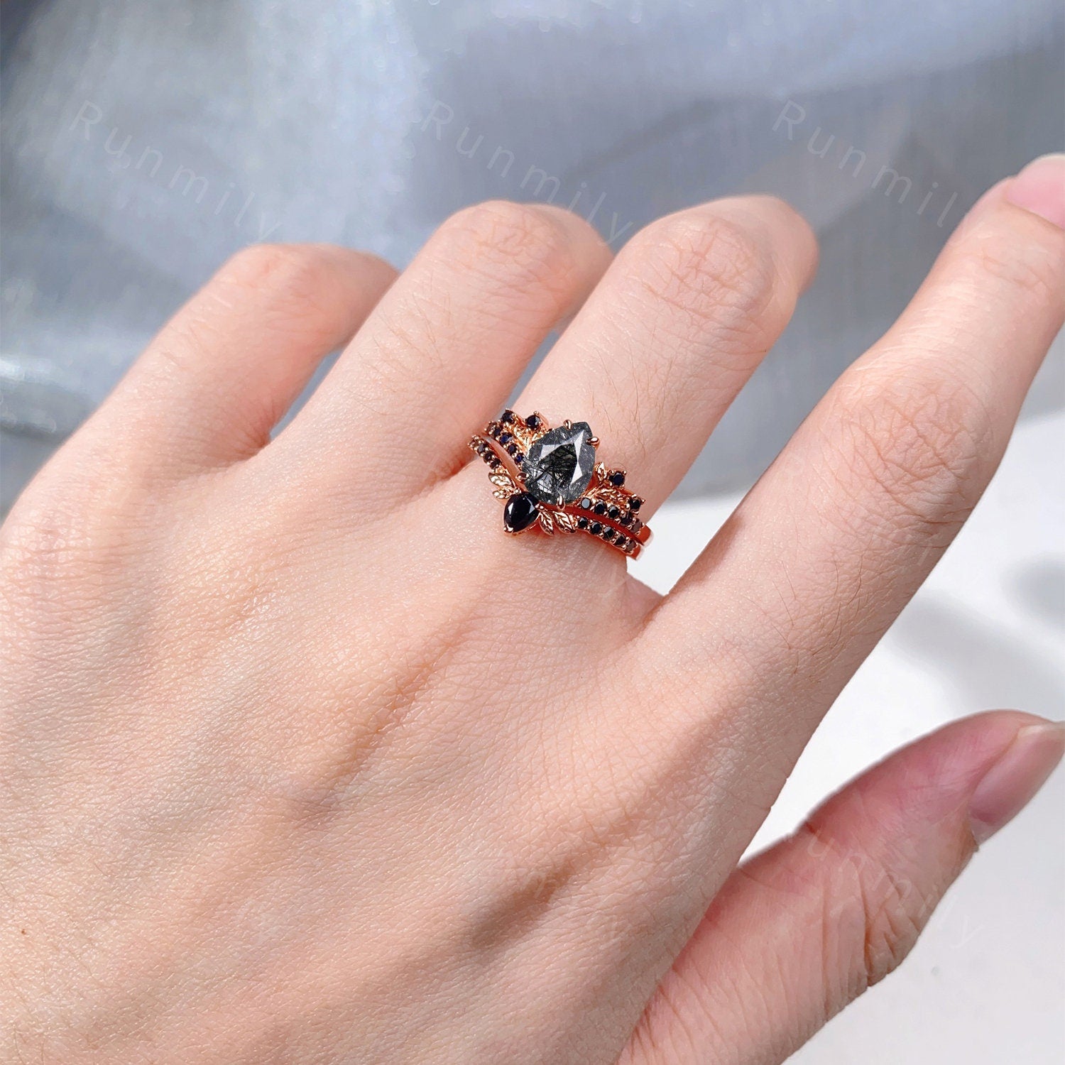 Vintage Black Rutilated Quartz Couples Ring Rose Gold Matching Ring Set His and Hers Wedding Band Promise Ring For Men For Women Natural Gem