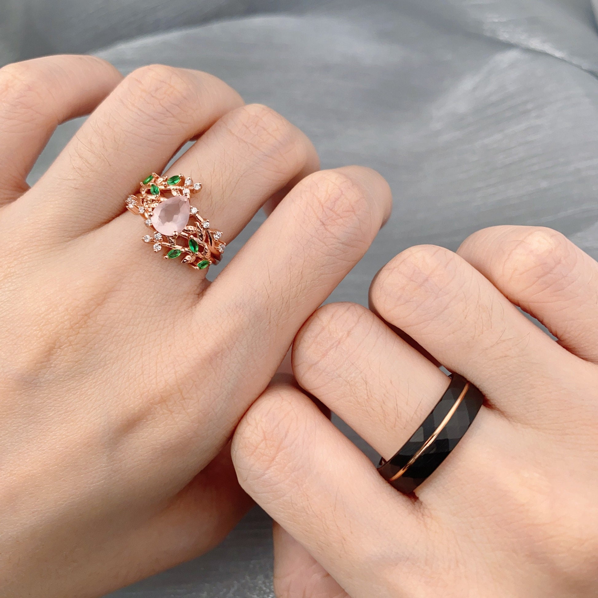 Floral Leaf Rose Quartz Couples Ring Set Rose Gold His and Hers Wedding Band Mens Hammered Ring Natural Inspired Ring Vintage Promise Ring