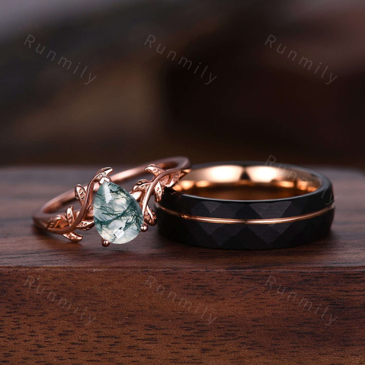Vintage Moss Agate Couples Ring Rose Gold Matching Ring Set His and Hers Wedding Band Promise Ring For Men For Women Natural Green Agate
