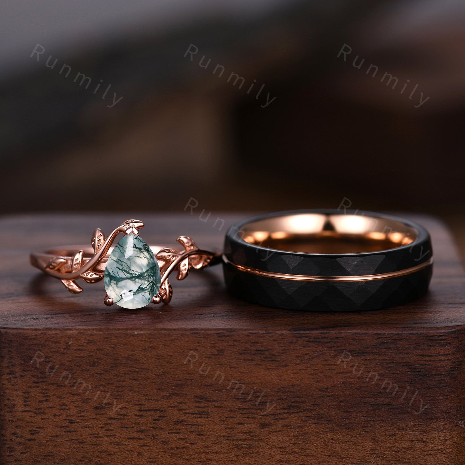 Vintage Moss Agate Couples Ring Rose Gold Matching Ring Set His and Hers Wedding Band Promise Ring For Men For Women Natural Green Agate