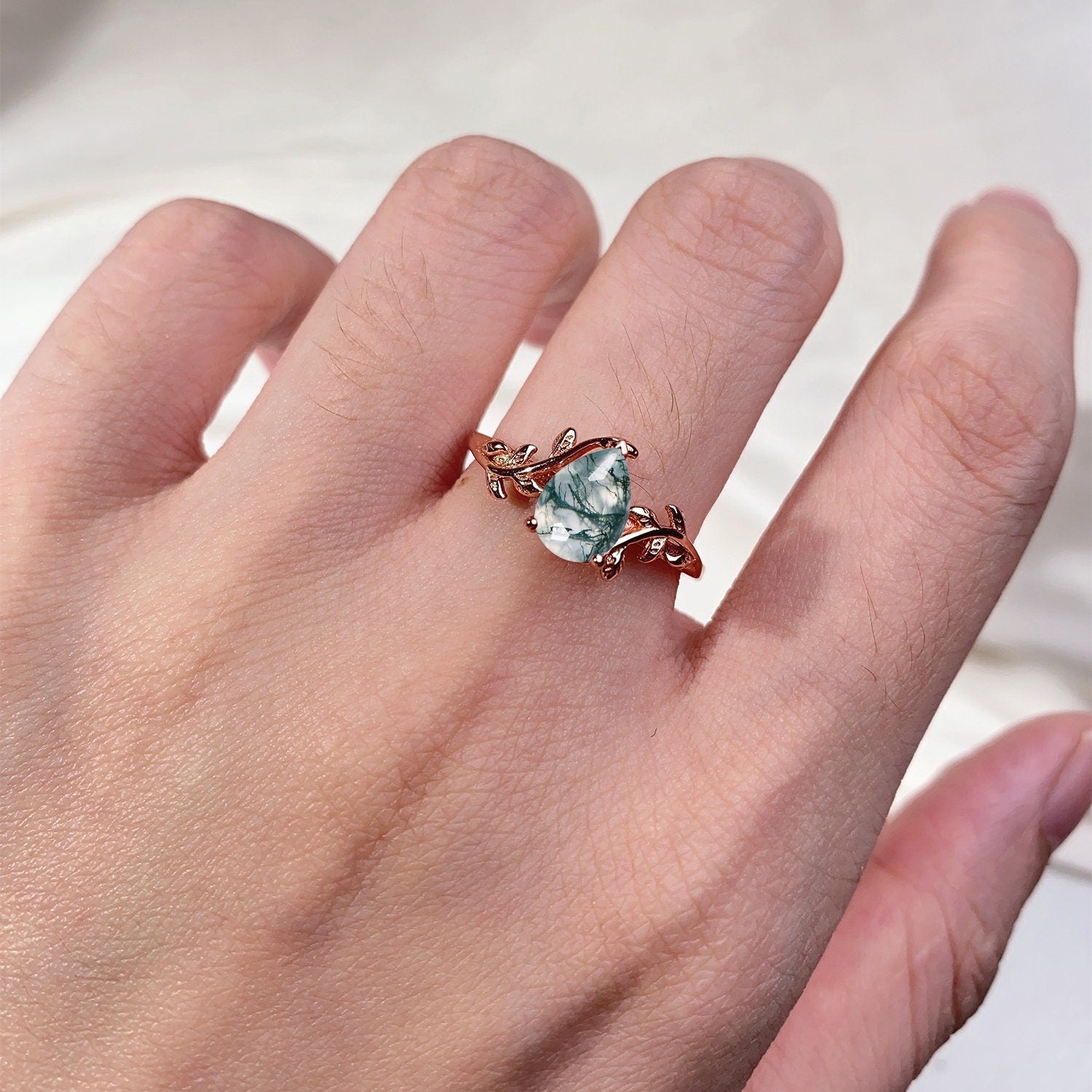 Vintage Moss Agate Couples Ring Rose Gold Matching Ring Set His and Hers Wedding Band Promise Ring For Men For Women Natural Green Agate