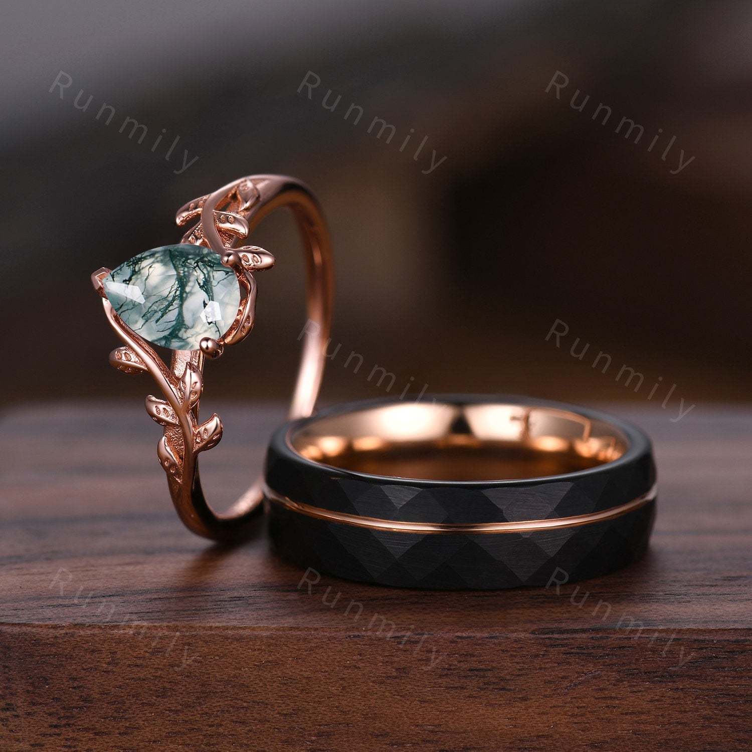 Vintage Moss Agate Couples Ring Rose Gold Matching Ring Set His and Hers Wedding Band Promise Ring For Men For Women Natural Green Agate