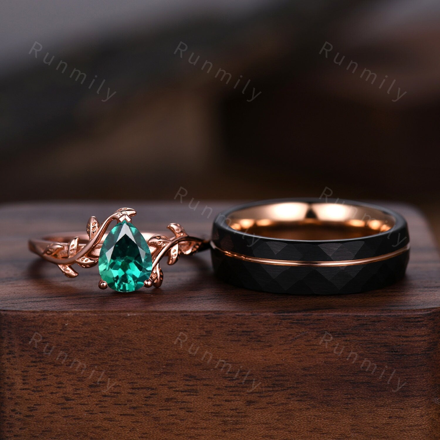 Vintage Green Emerald Couples Ring Rose Gold Matching Ring Set His And Hers Wedding Band Promise Ring For Men For Women May Birthstone Ring