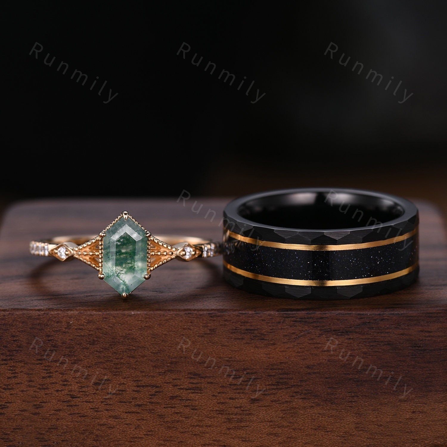 Vintage Moss Agate Couples Ring Yellow Gold Matching Ring Set His And Hers Wedding Band Mens Black Sandstone Ring Promise Ring Hexagon Cut