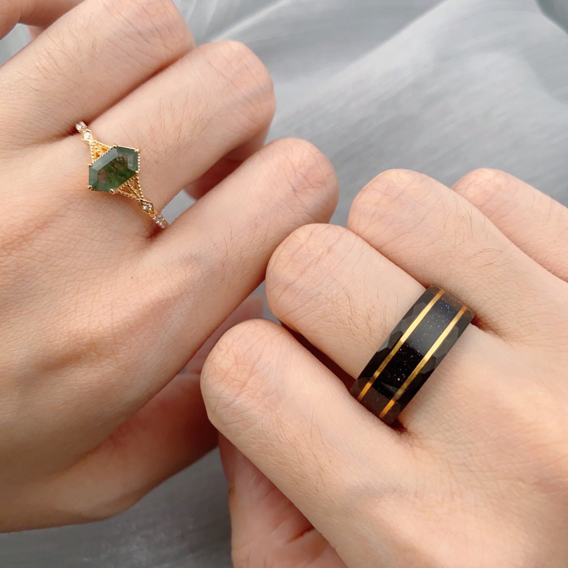 Vintage Moss Agate Couples Ring Yellow Gold Matching Ring Set His And Hers Wedding Band Mens Black Sandstone Ring Promise Ring Hexagon Cut