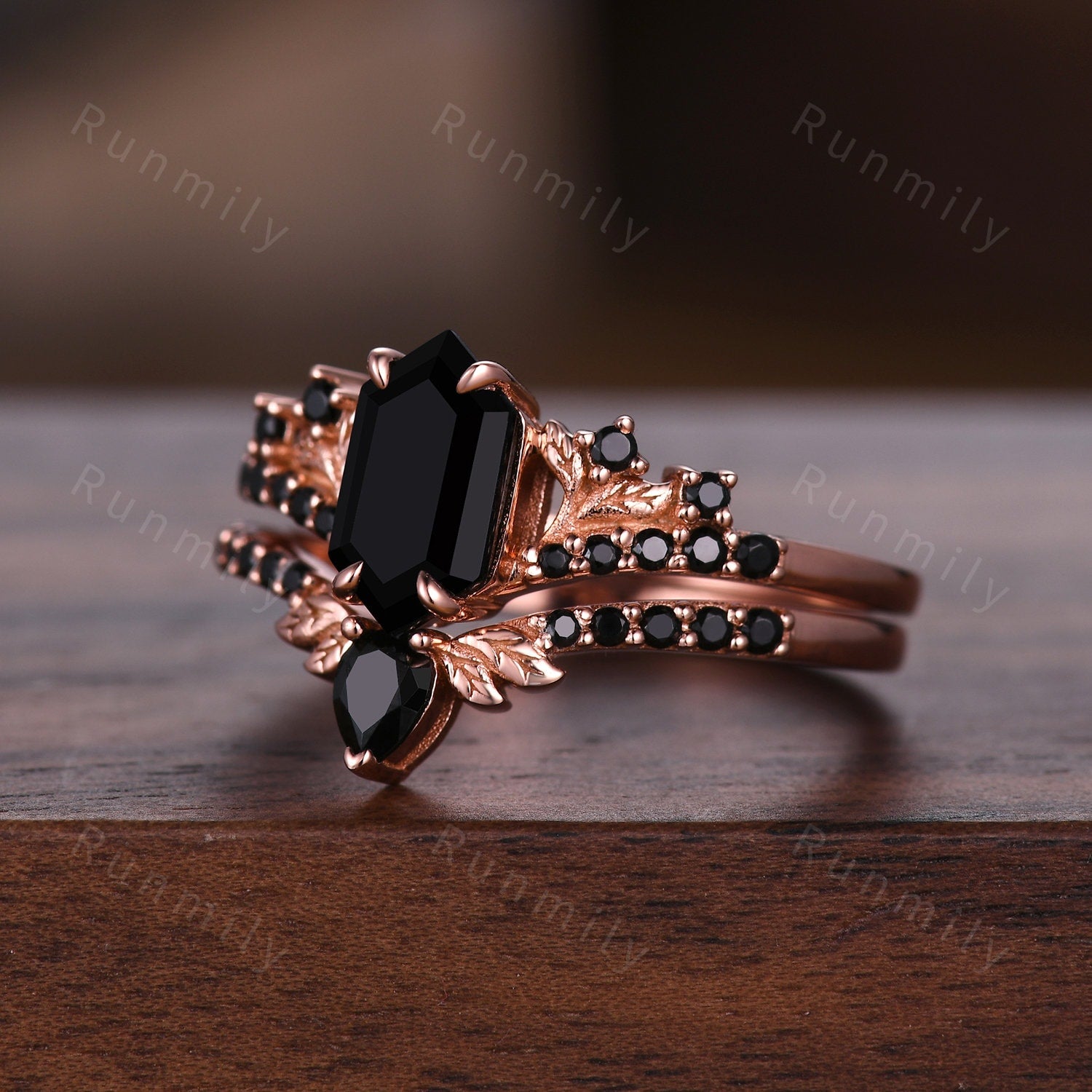 Vintage Hexagon Black Onyx Engagement Ring Set Rose Gold Leaf Branch Black Spinel Ring Unique Art Deco Bridal Wedding Ring Set Black Stone
