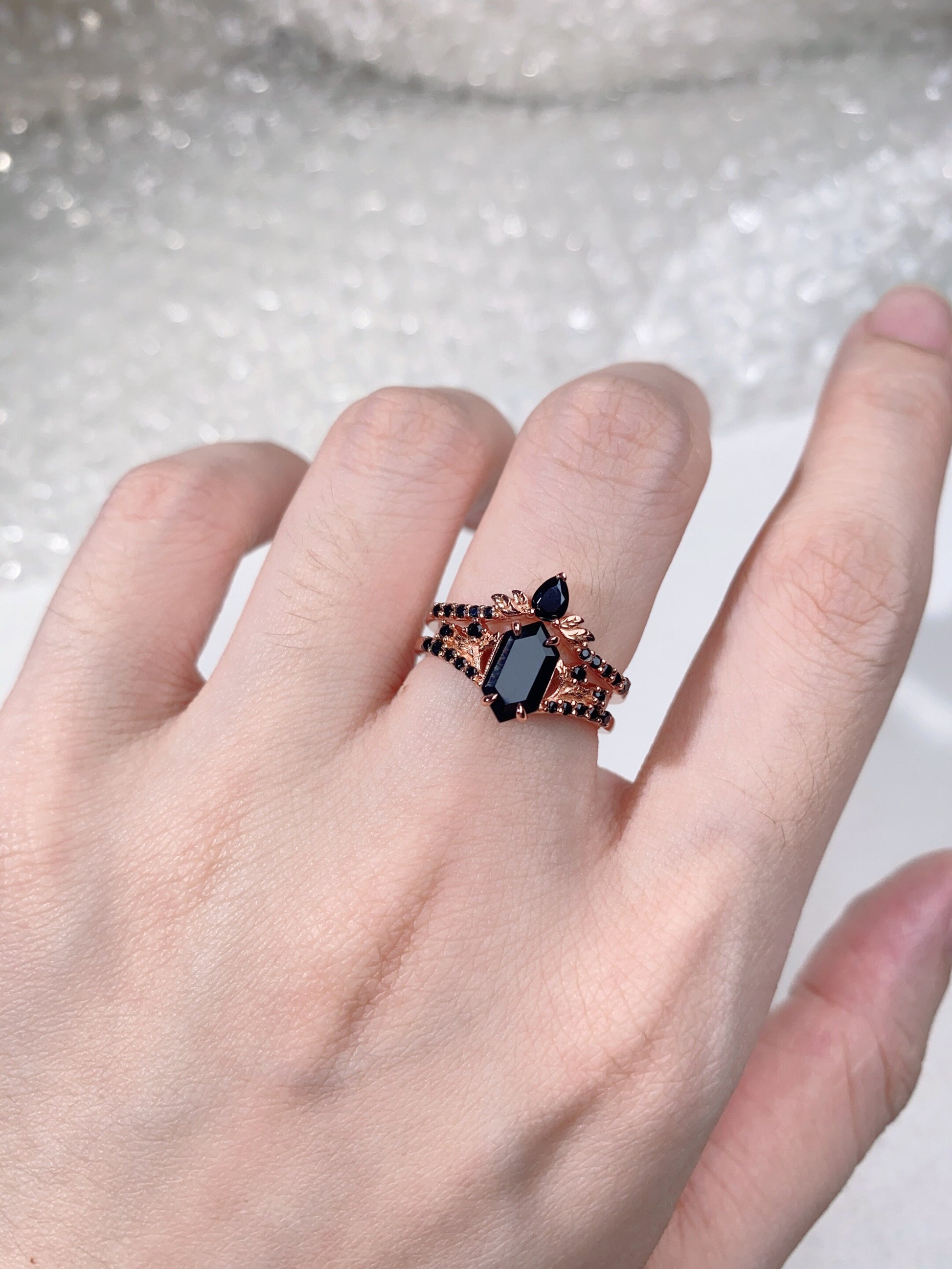 Vintage Hexagon Black Onyx Engagement Ring Set Rose Gold Leaf Branch Black Spinel Ring Unique Art Deco Bridal Wedding Ring Set Black Stone