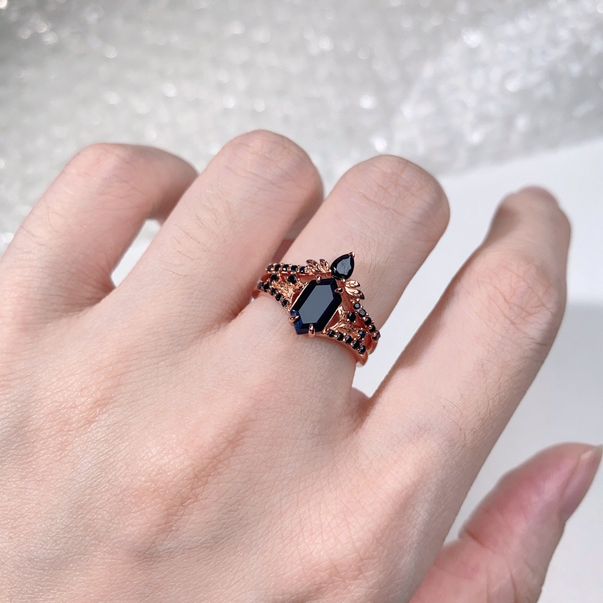 Vintage Hexagon Black Onyx Engagement Ring Set Rose Gold Leaf Branch Black Spinel Ring Unique Art Deco Bridal Wedding Ring Set Black Stone