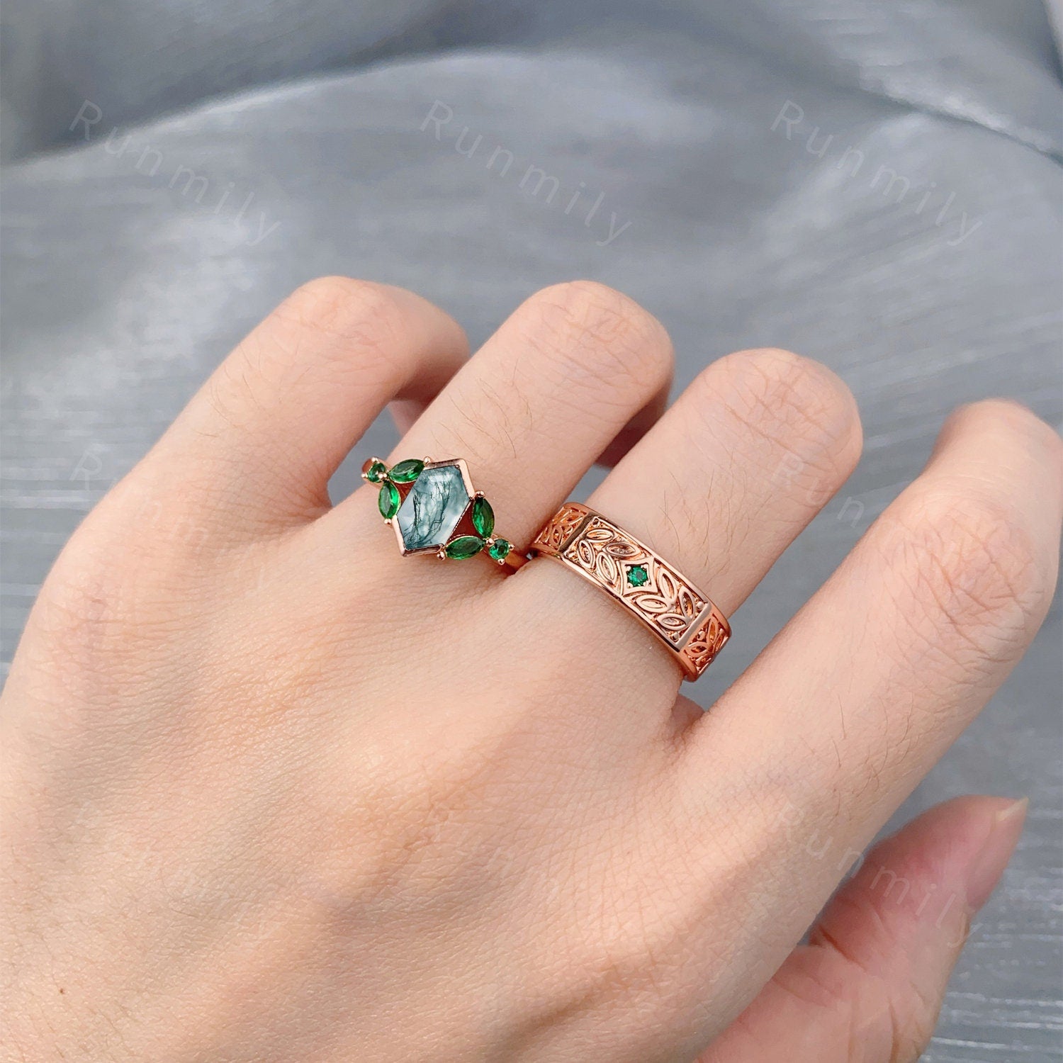 Nature Inspired Moss Agate & Emerald Couples Ring Set Rose Gold Matching Wedding Ring His and Hers Wedding Band Mens Emerald Promise Ring