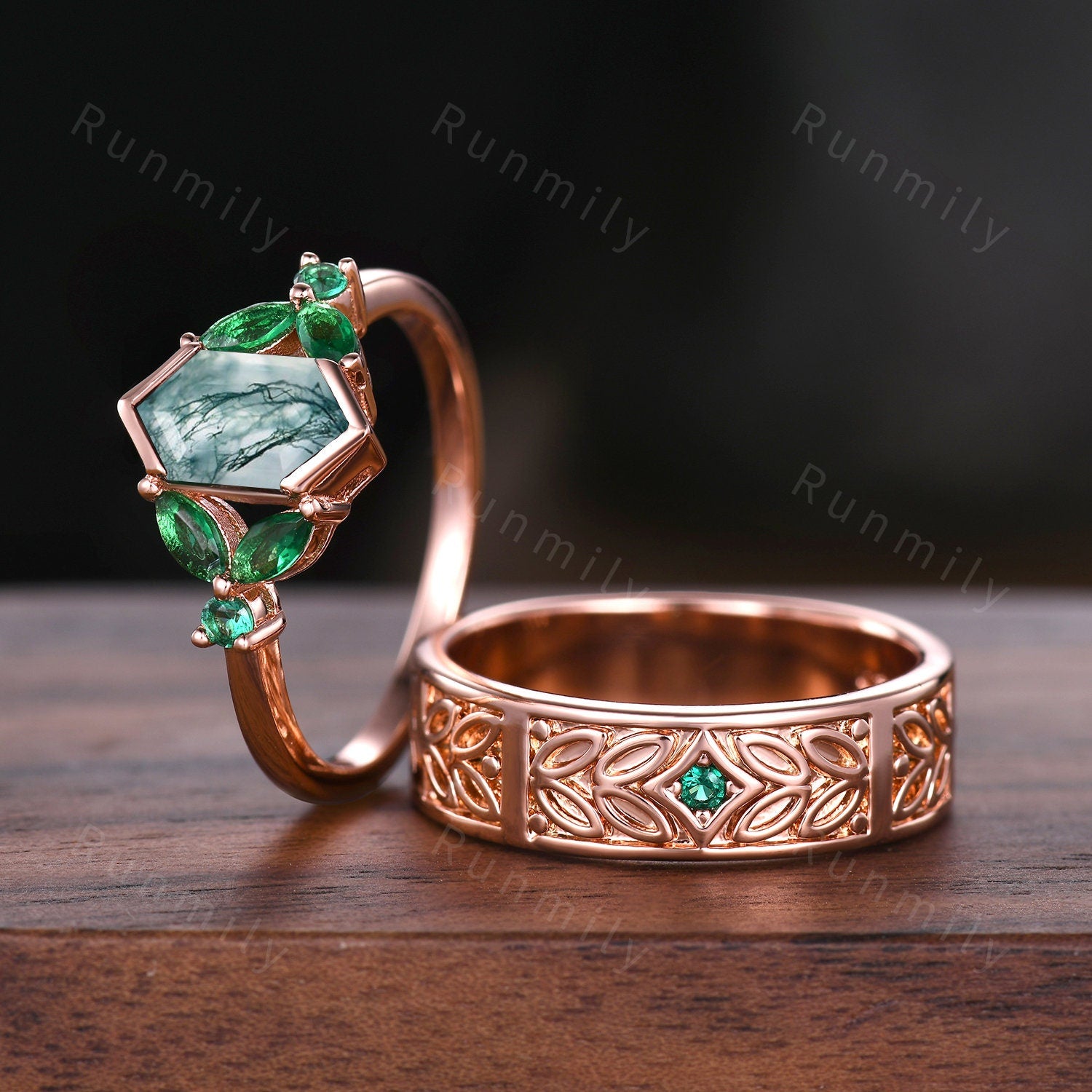 Nature Inspired Moss Agate & Emerald Couples Ring Set Rose Gold Matching Wedding Ring His and Hers Wedding Band Mens Emerald Promise Ring