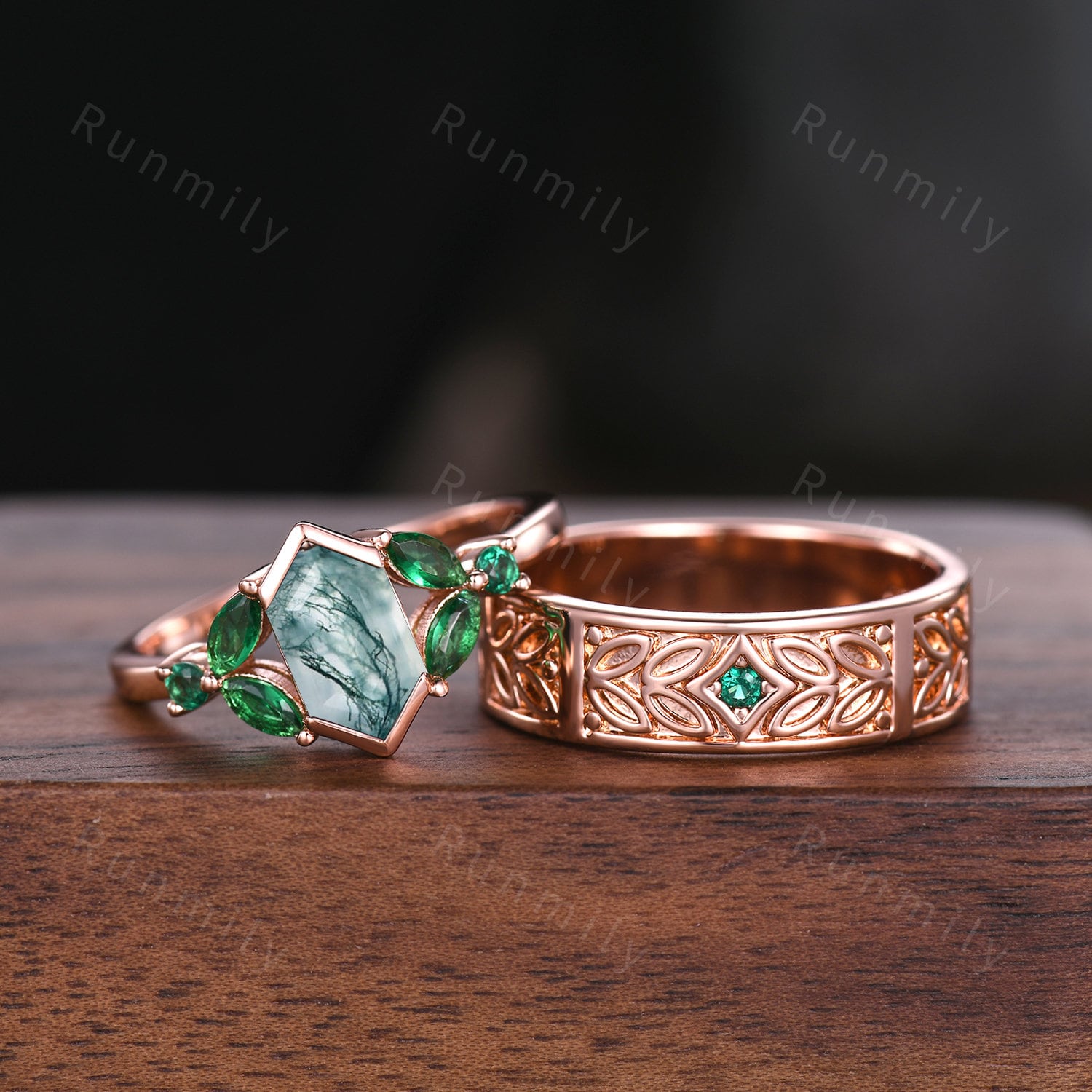 Nature Inspired Moss Agate & Emerald Couples Ring Set Rose Gold Matching Wedding Ring His and Hers Wedding Band Mens Emerald Promise Ring