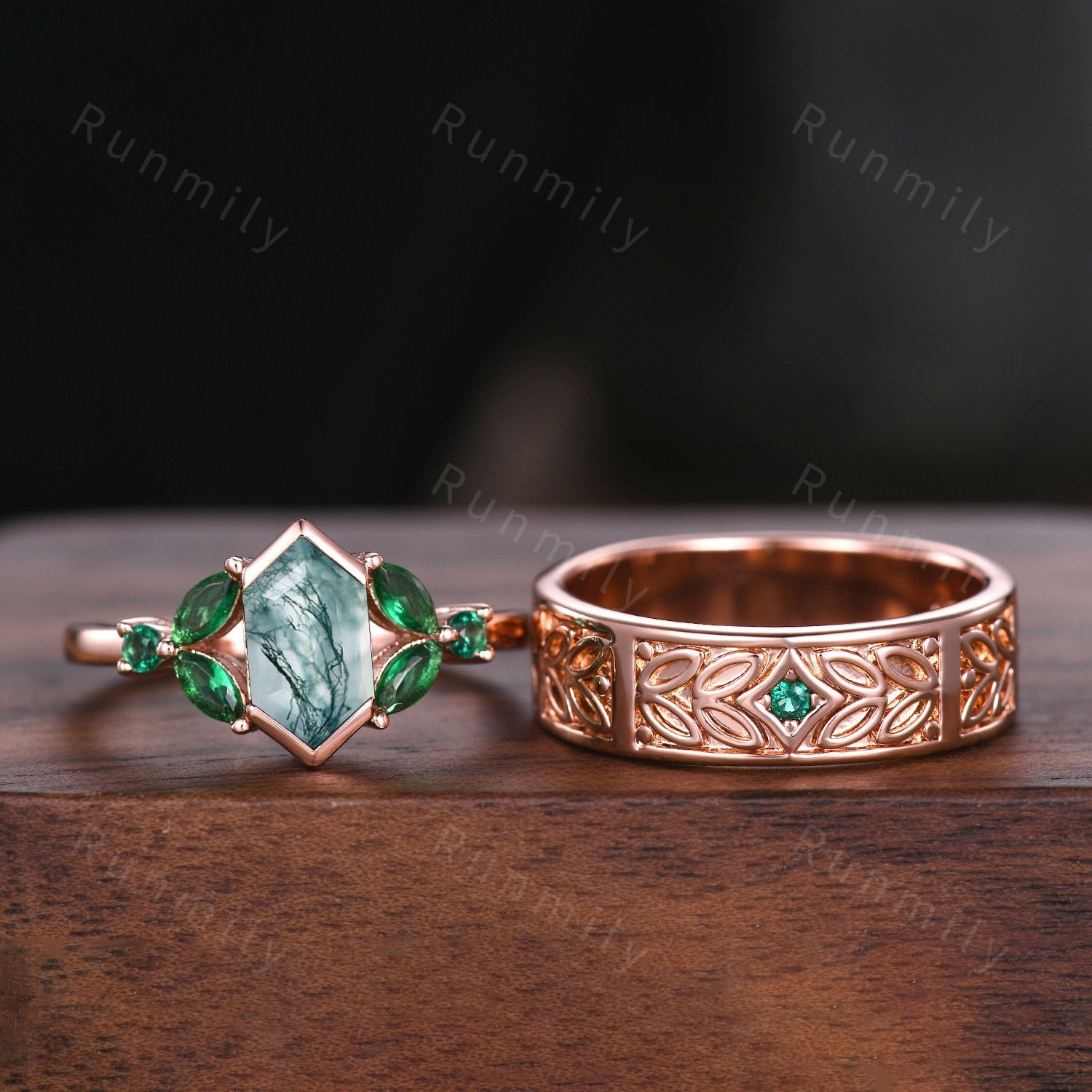 Nature Inspired Moss Agate & Emerald Couples Ring Set Rose Gold Matching Wedding Ring His and Hers Wedding Band Mens Emerald Promise Ring