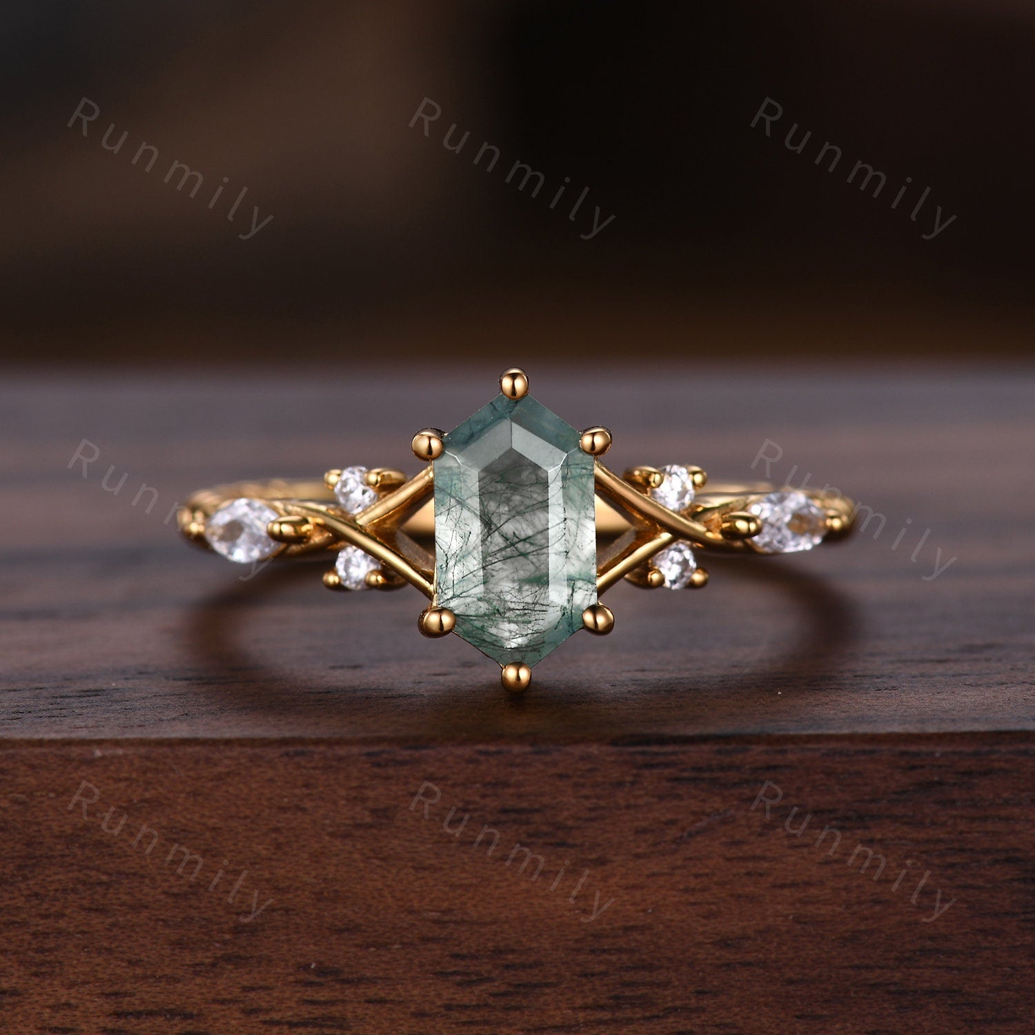 Vintage Moss Agate Couples Ring Yellow Gold Matching Ring Set His and Hers Wedding Band Mens Opal Ring Promise Ring For Men For Women