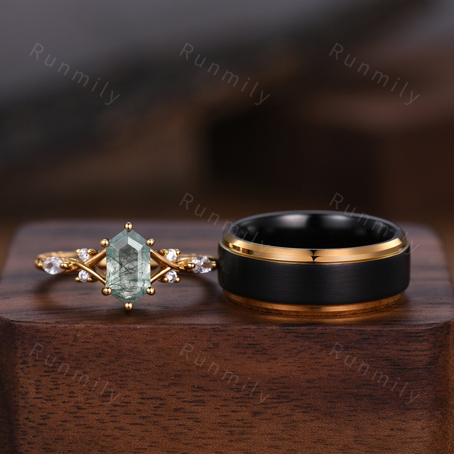 Vintage Moss Agate Couples Ring Yellow Gold Matching Ring Set His and Hers Wedding Band Promise Ring For Men For Women Natural Agate Gem