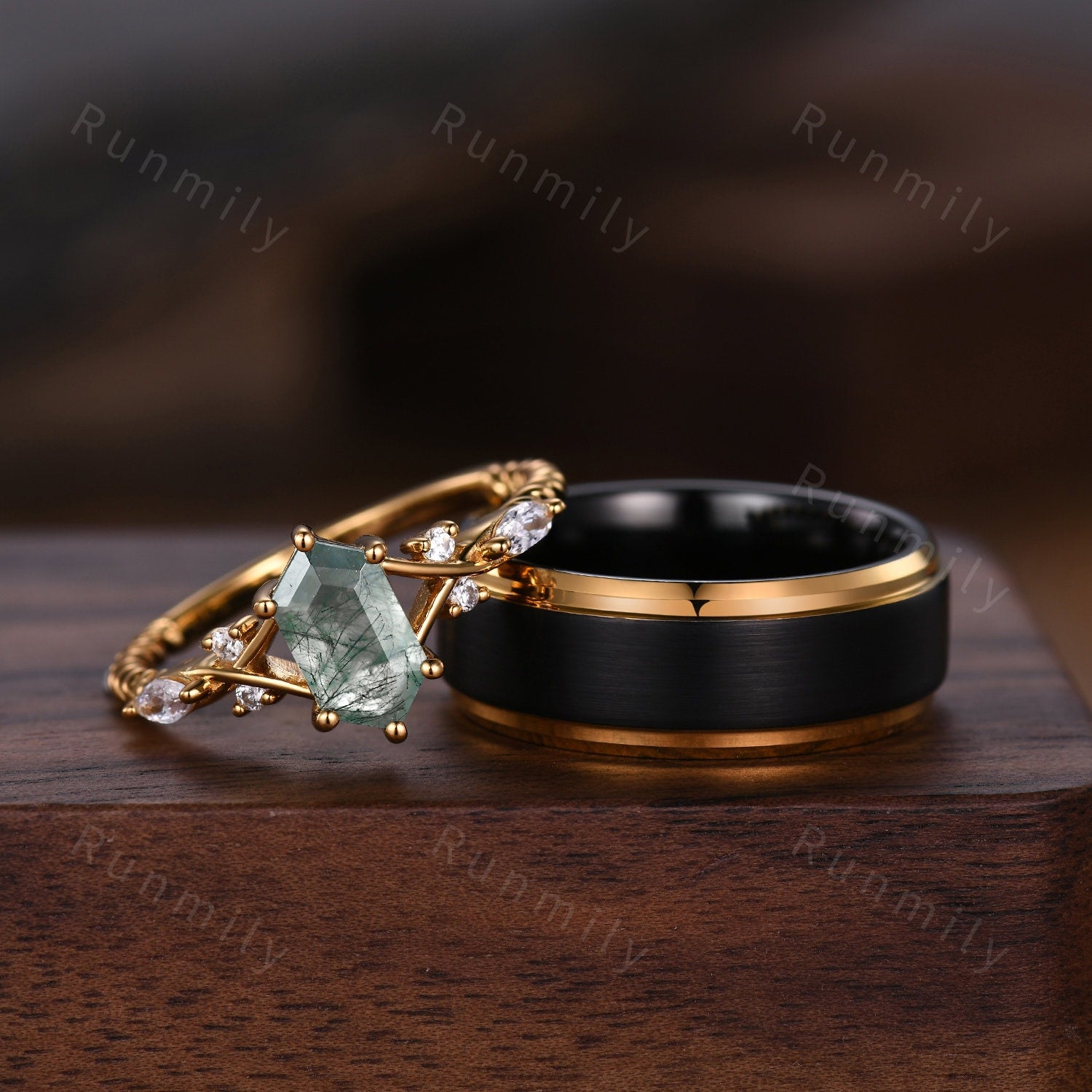 Vintage Moss Agate Couples Ring Yellow Gold Matching Ring Set His and Hers Wedding Band Promise Ring For Men For Women Natural Agate Gem