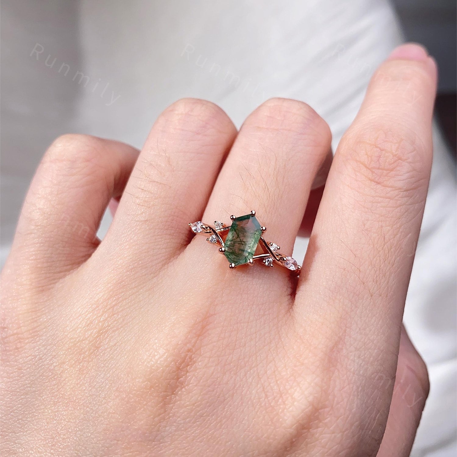 Vintage Moss Agate Couples Ring Yellow Gold Matching Ring Set His and Hers Wedding Band Promise Ring For Men For Women Natural Agate Gem