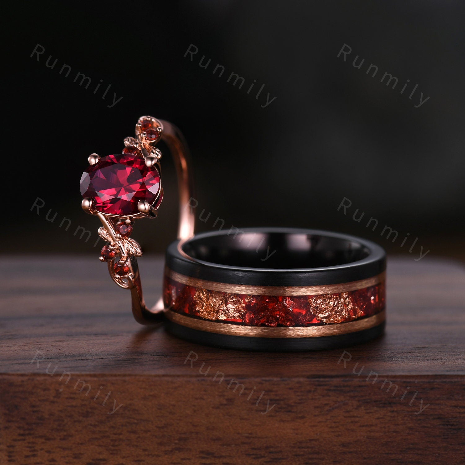 Oval cut Ruby couples ring set rose gold matching promise ring His and Her wedding band Mens gold leaf tungsten ring anniversary gifts