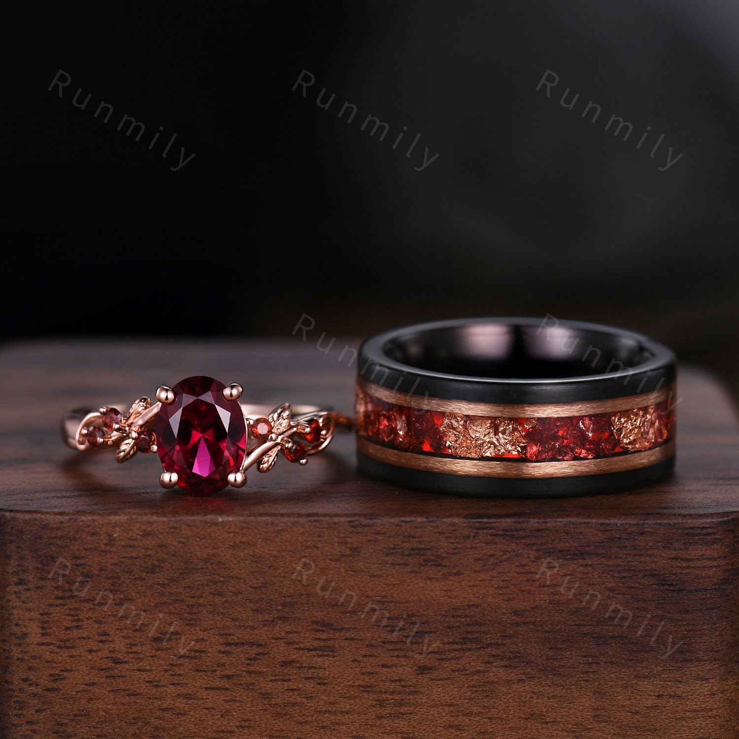 Oval cut Ruby couples ring set rose gold matching promise ring His and Her wedding band Mens gold leaf tungsten ring anniversary gifts