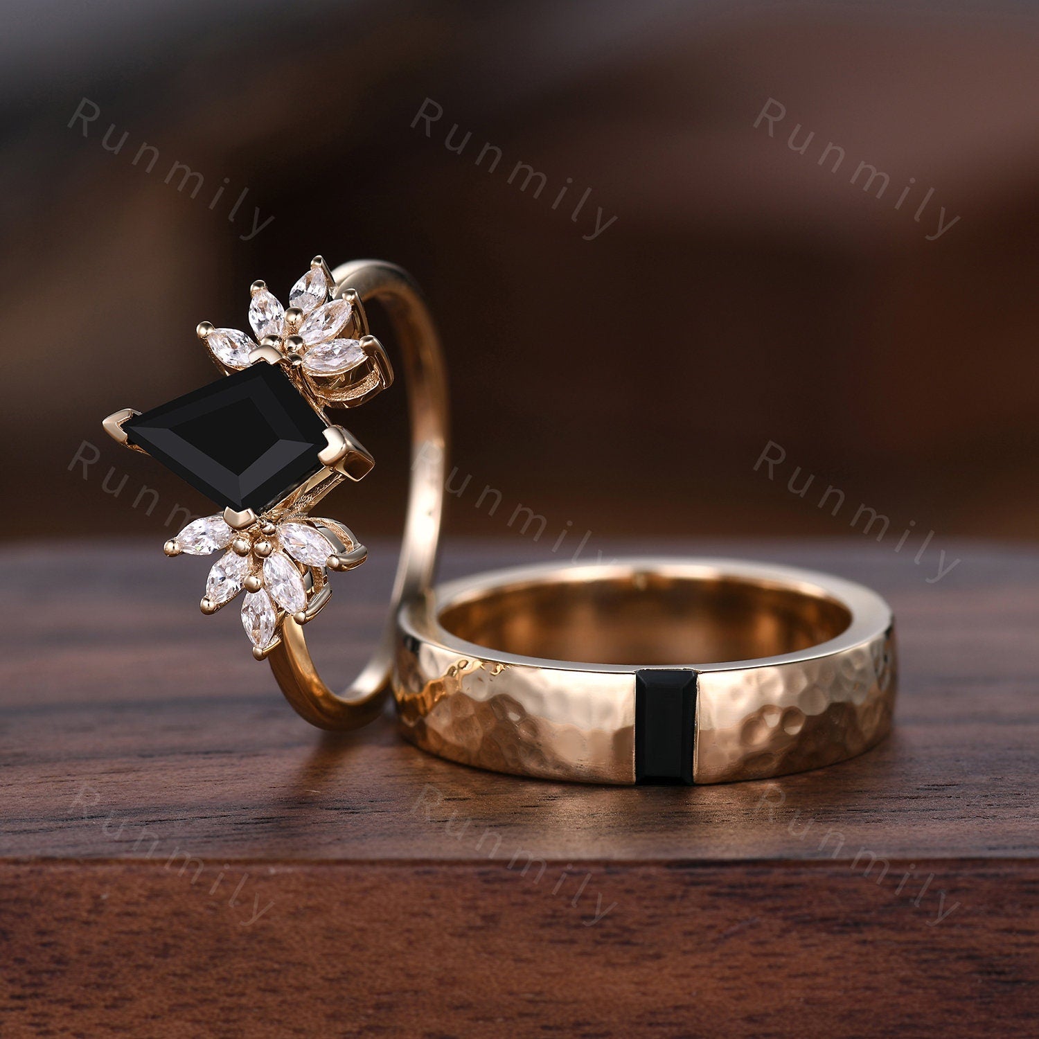 Kite cut Black Onyx Couples Ring Yellow Gold Matching Ring Set His and Hers Wedding Band Mens Hammered Ring Promise Ring For Men and Women