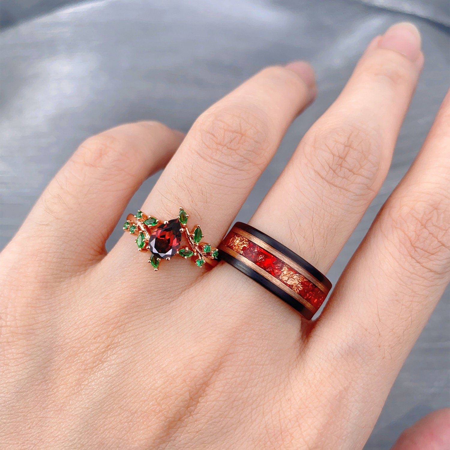 Vintage Floral Garnet Couples Ring Rose Gold Matching Ring Set His and Hers Wedding Band Mens Ruby Tungsten Ring Promise Anniversary Gifts