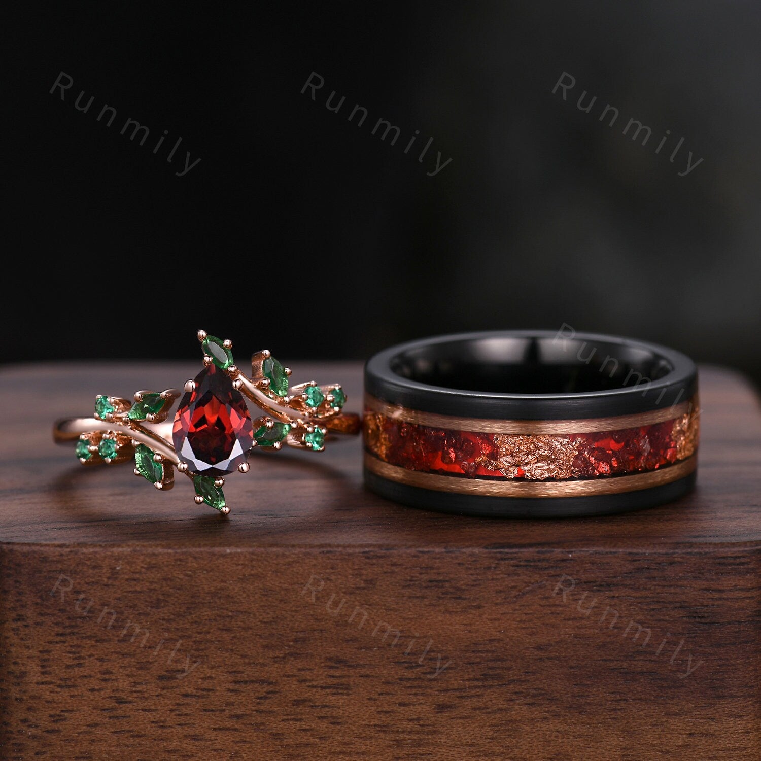 Vintage Floral Garnet Couples Ring Rose Gold Matching Ring Set His and Hers Wedding Band Mens Ruby Tungsten Ring Promise Anniversary Gifts